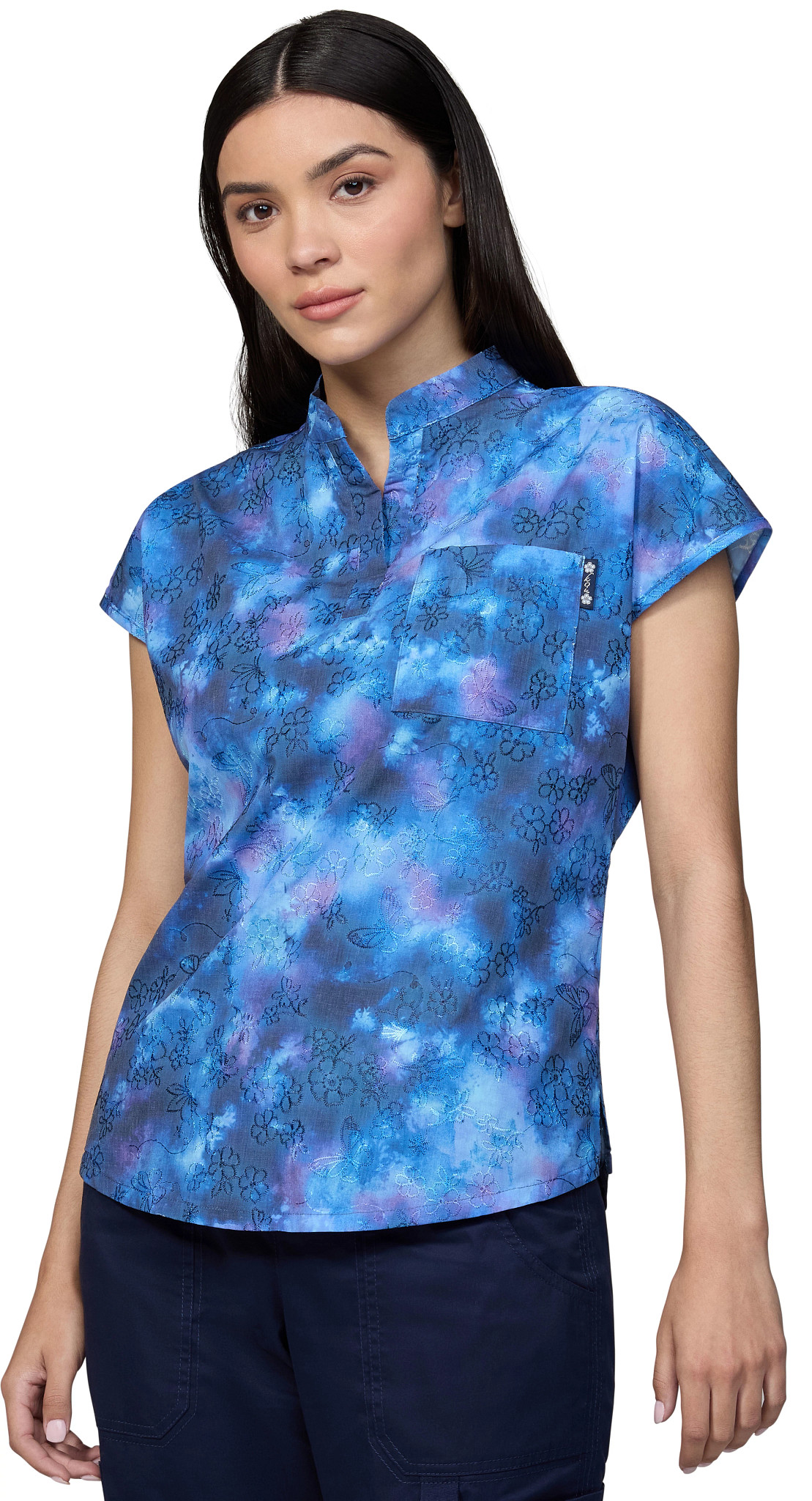 Women's Koi Ari Reunion Embroidery V Neck shown in Navy/Multi (Blue)
