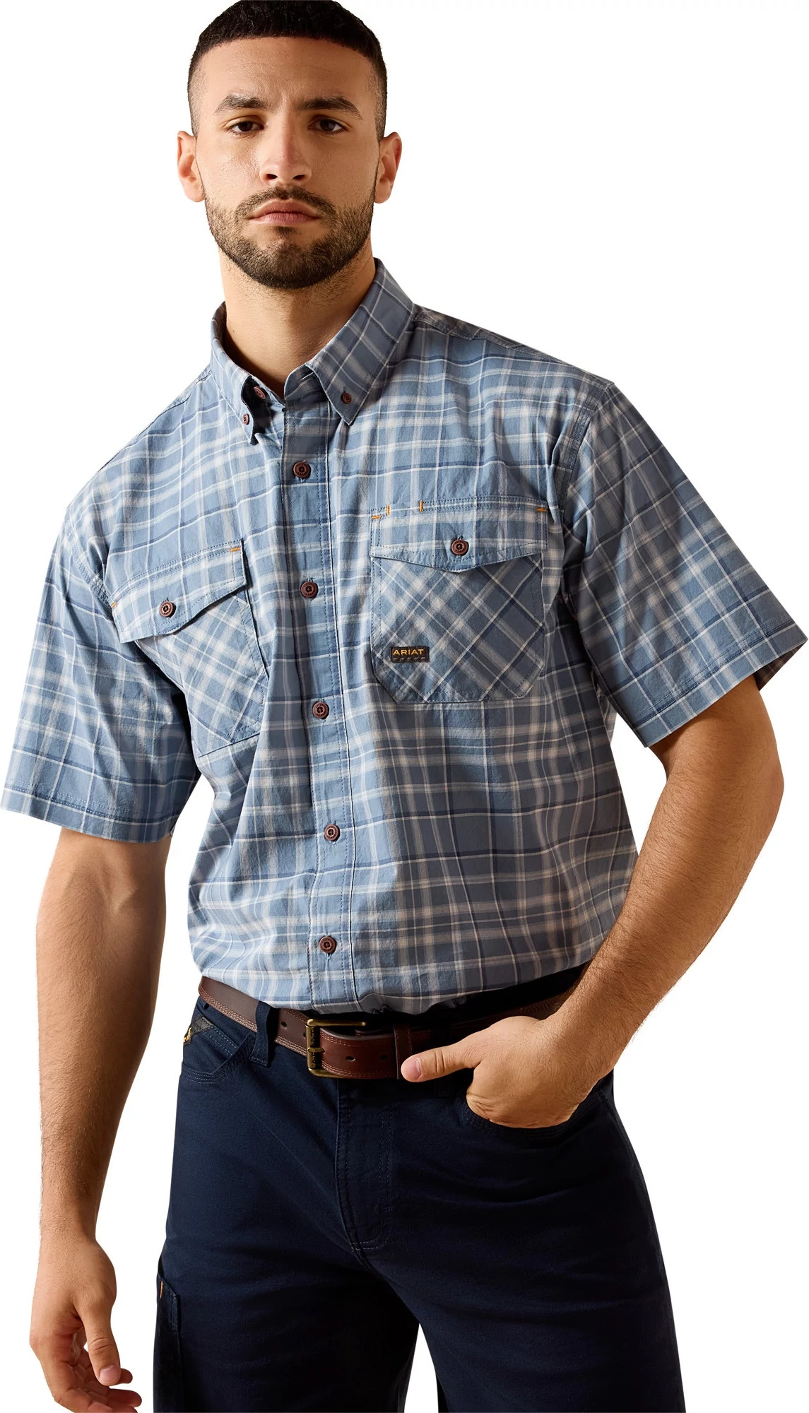 Men's Ariat Made Tough Durastretch Short Sleeve shown in Plaid Dark Denim (Blue)