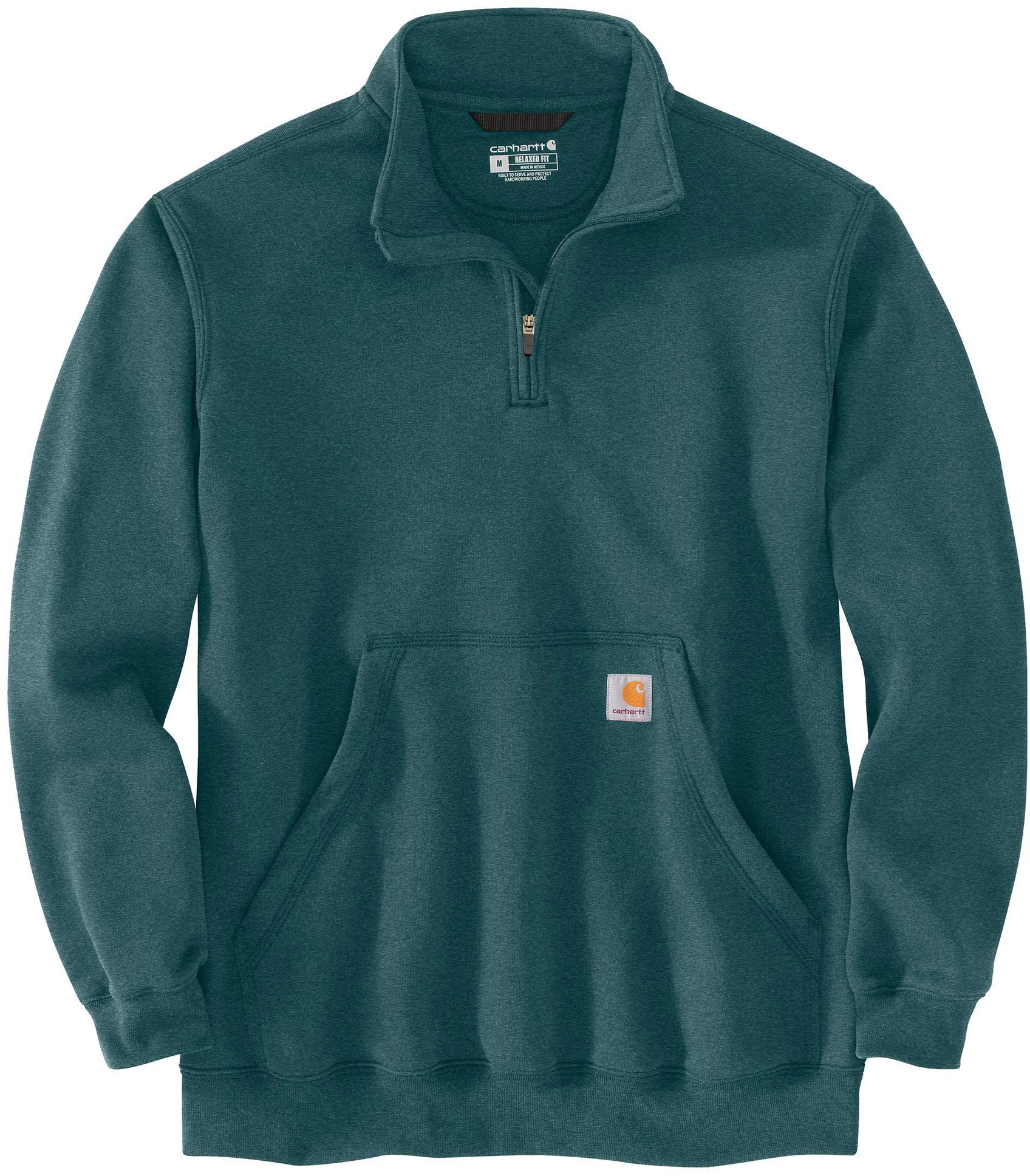 Men's Carhartt Midweight Quarter Zip Mock Neck Sweatshirt shown in Greenstone Heather (Green)