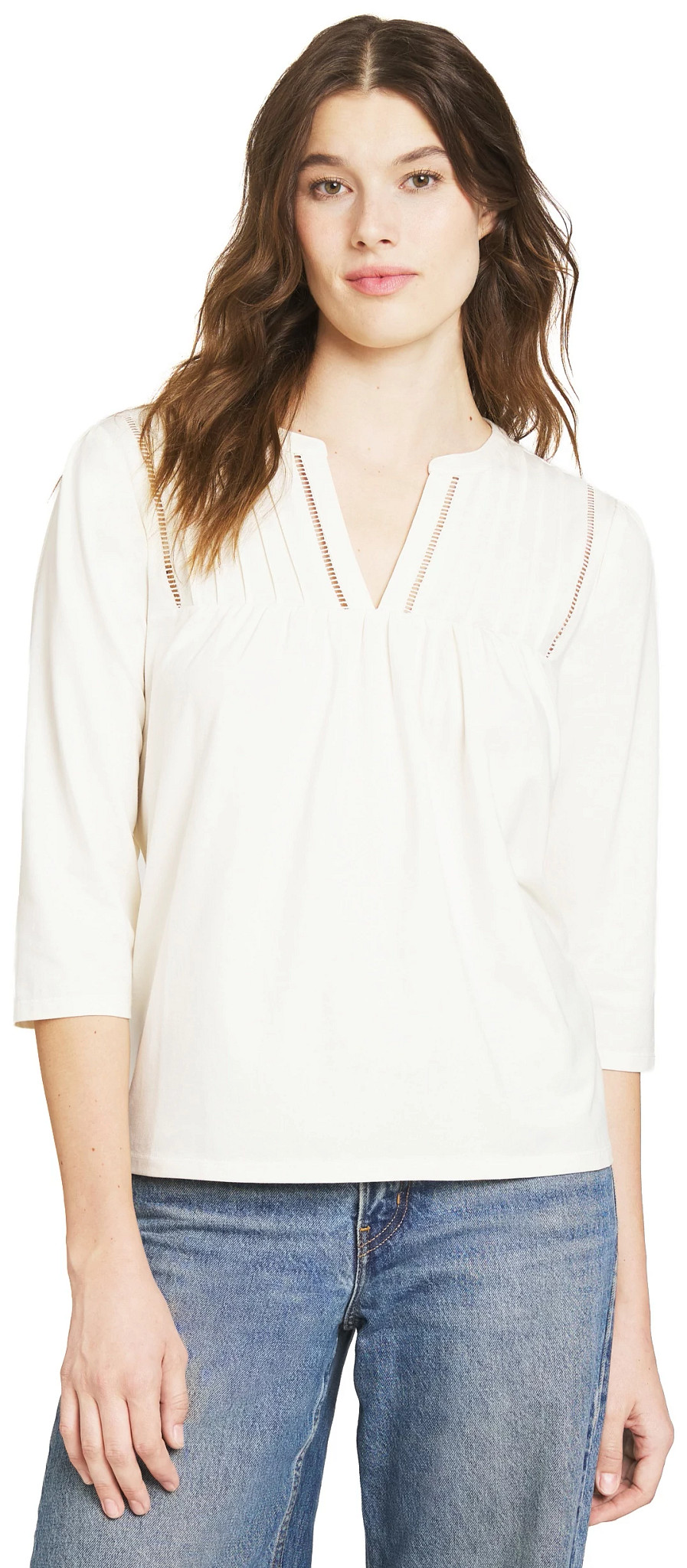 Women's Lands' End 3/4 Sleeve Yoke Pintuck Top shown in Egret (Off White)