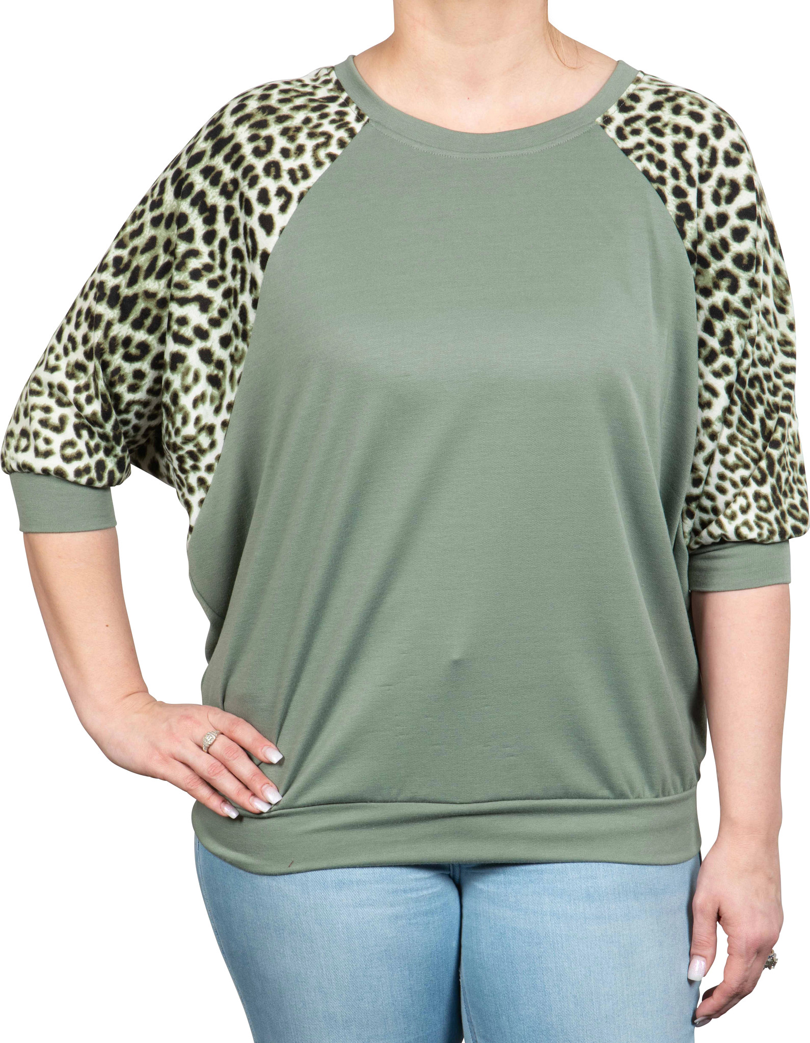 Women's Ps Kate 3/4 Sleeve Top shown in Sage/Black/Leopard (Green)