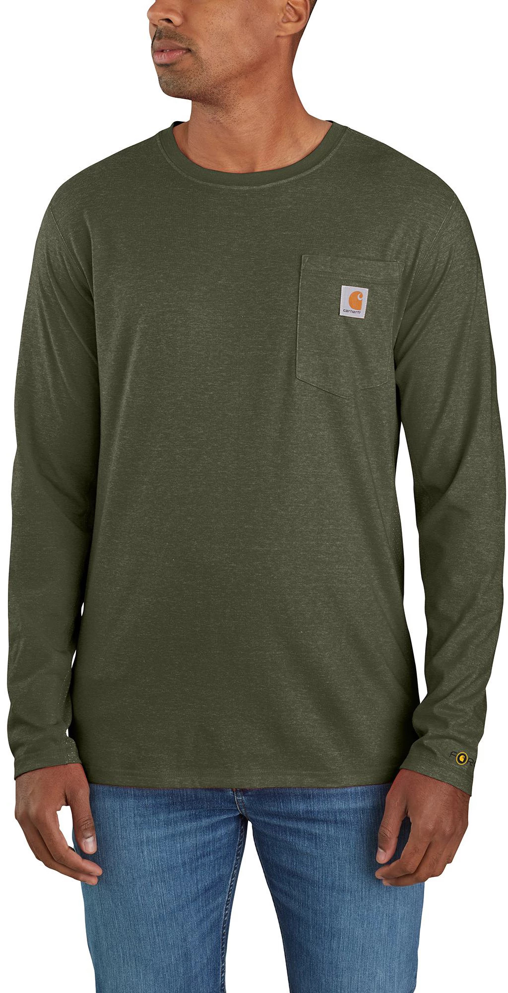 Men's Carhartt Force Relaxed Fit Long Sleeve Pocket T-Shirt shown on model 