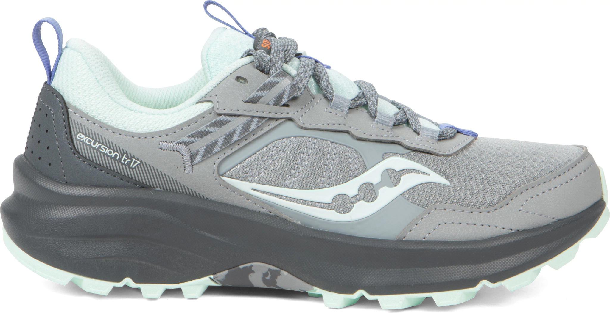 Women's Saucony Excursion Tr 17 Trail Runner shown in Fossil/Aqua (Grey)