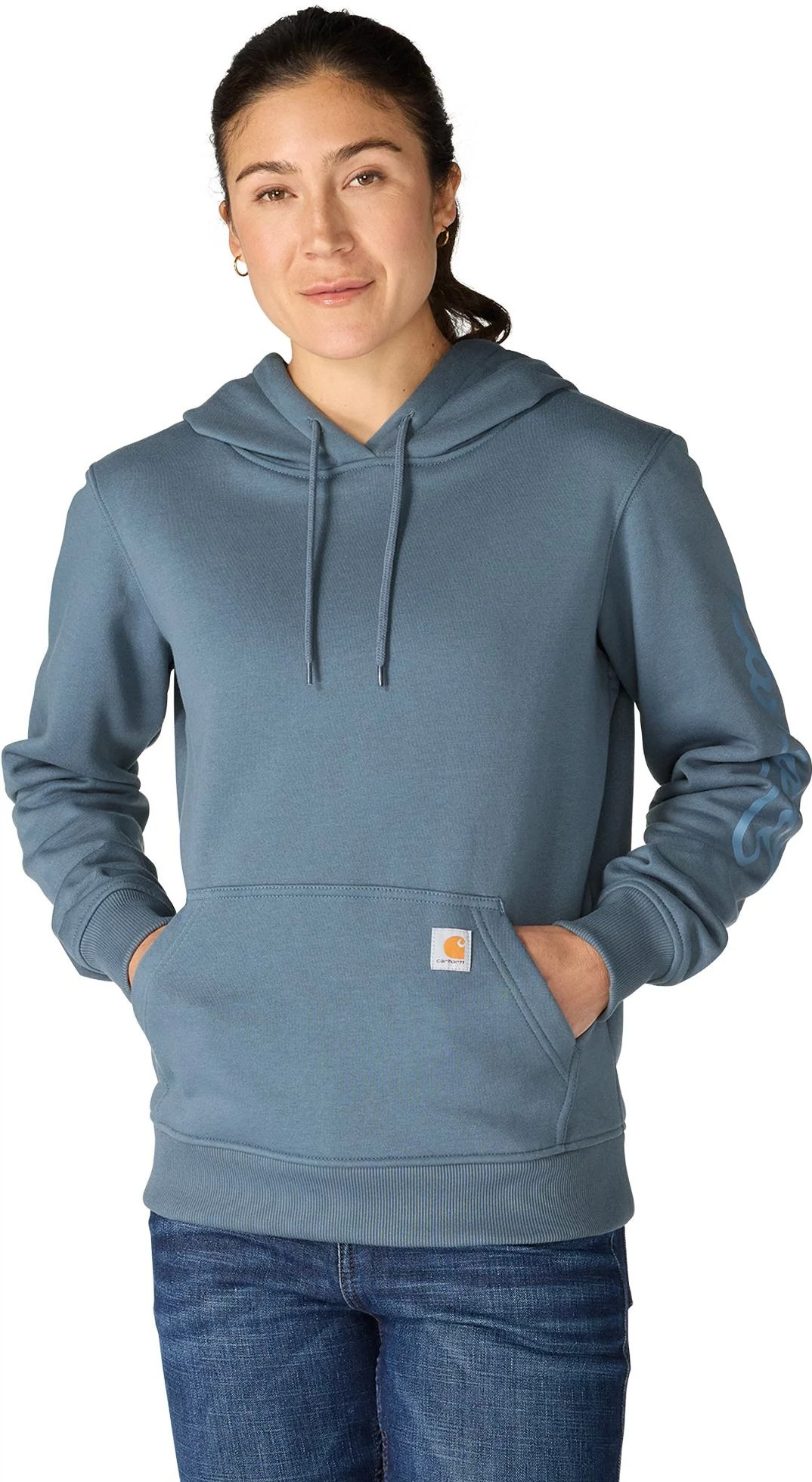 Women's Carhartt Sawyer Script Logo Hoodie shown in Iron Blue (Blue)