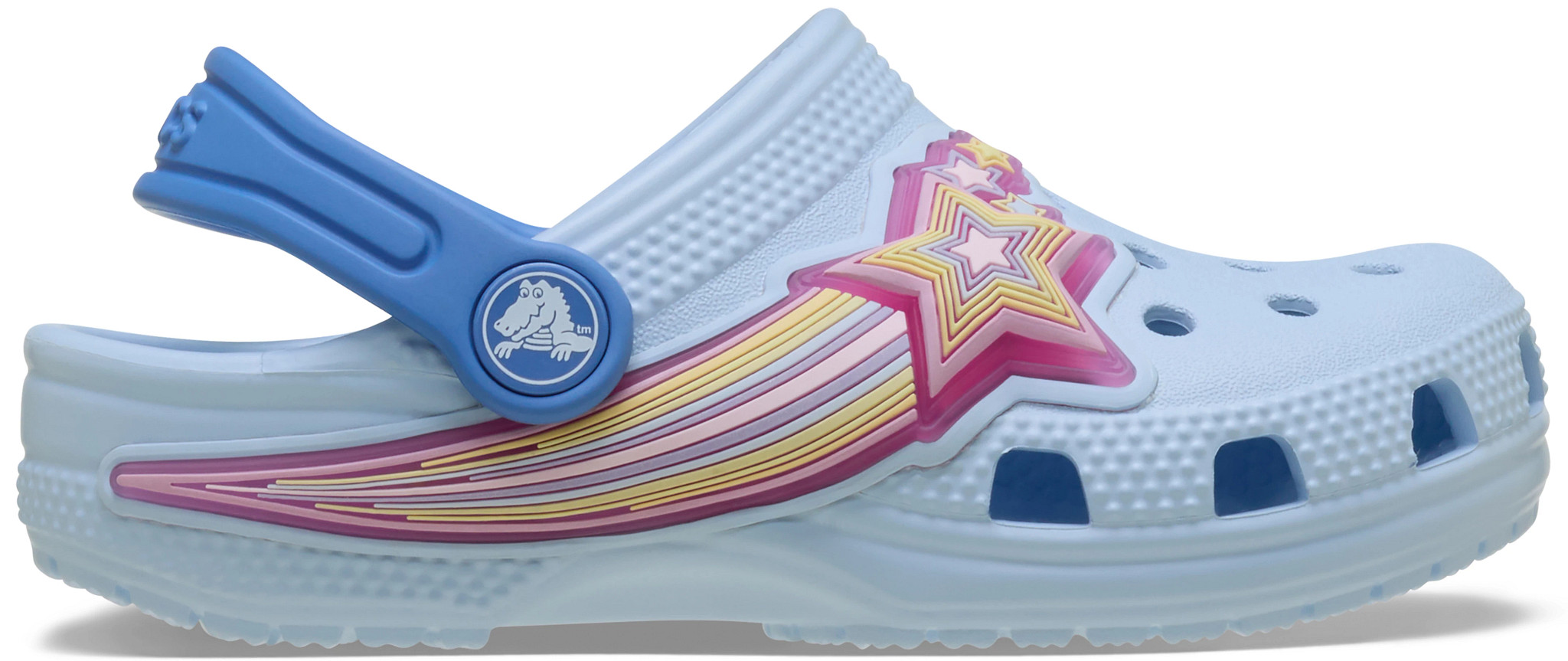 Toddler Girl's Crocs Classic Star Lights Clog shown in Blue Frost (Blue)