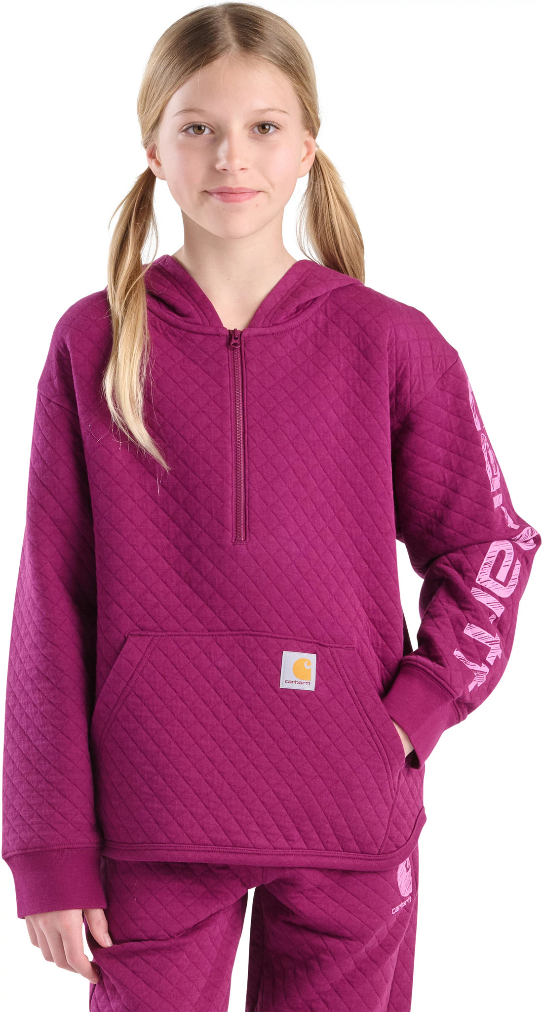 Youth Girl's Carhartt Long Sleeve Quilted Jersey Half Zip Hoodie shown in Plukm Caspia (Pink)