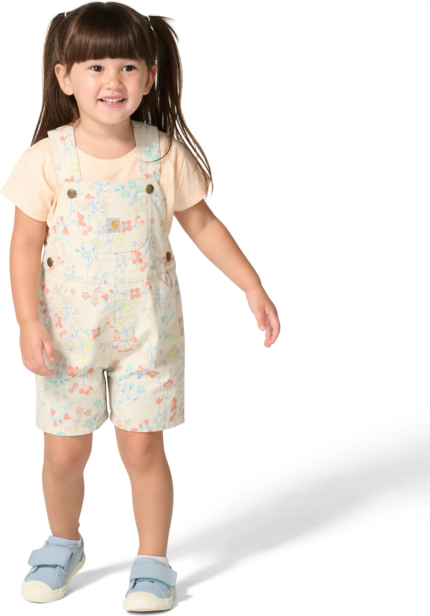 Toddler Girl's Girl Carhartt Short Sleeve T-Shirt  & Floral Bib Shortall Set shown in Off White (Off White)