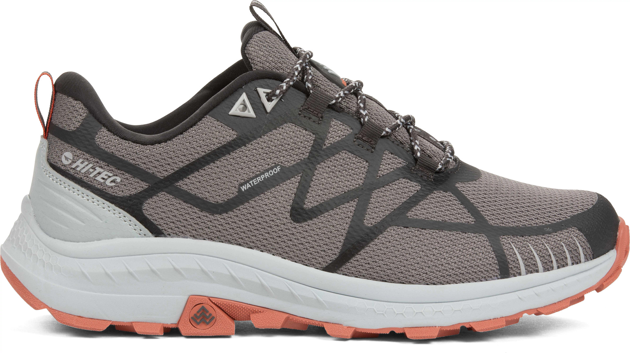 Men's Hi Tec Aww Mauna Waterproof Trail Runner shown in Taupe Black Orange (Multicolor)