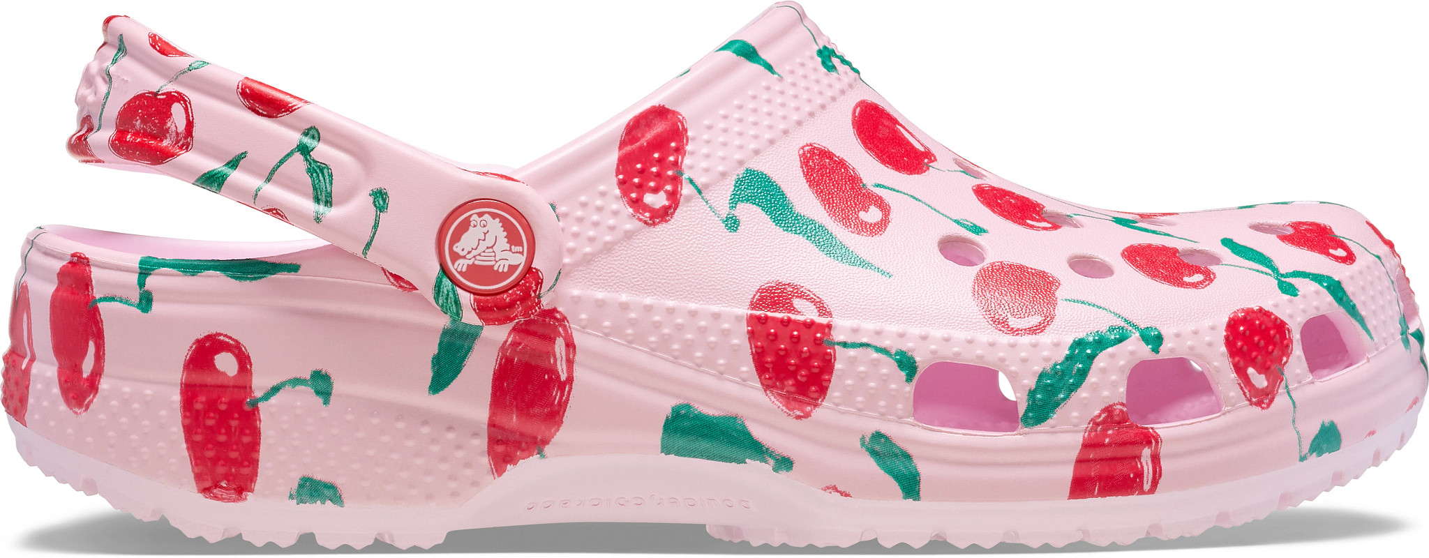 Women's Crocs Classic Fresh Fruits Clog shown in Pink Milk/Cherries (Pink)