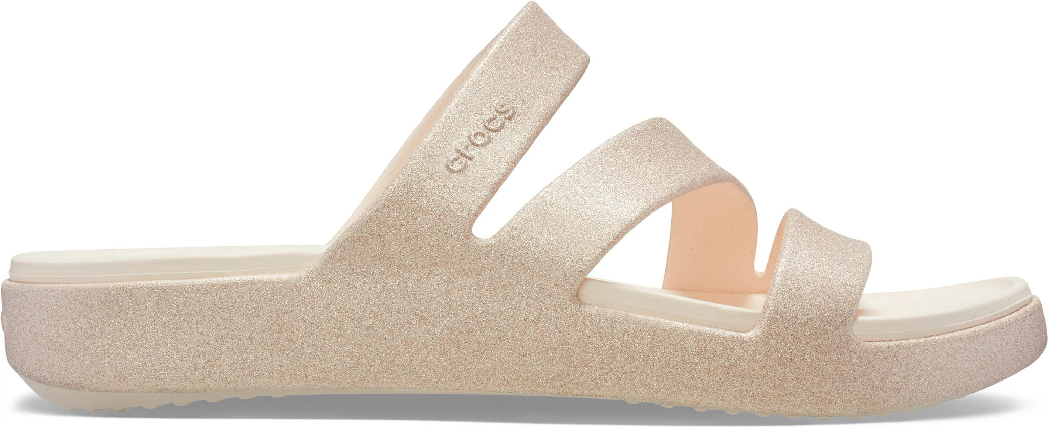 Women's Crocs Getaway Glimmer Strappy Slide Peach Ice shown in Peach Ice (Off White)