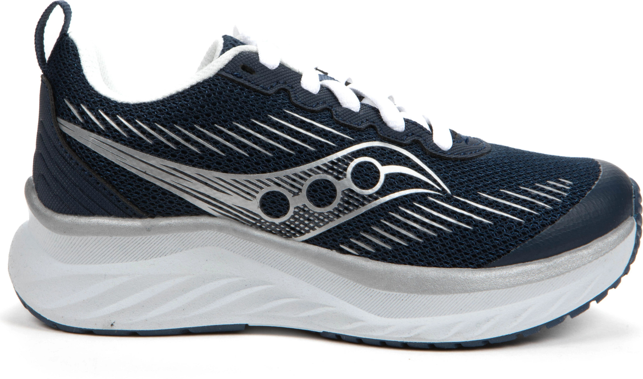 Boy's Saucony Cadence Runner shown in Navy/Silver (Blue)