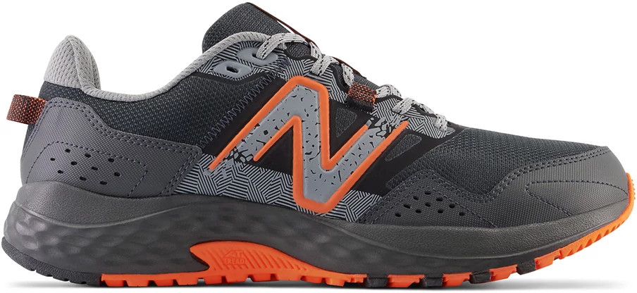 Men's New Balance 410v8 Trail Runner shown in Black/Orange (Multicolor)
