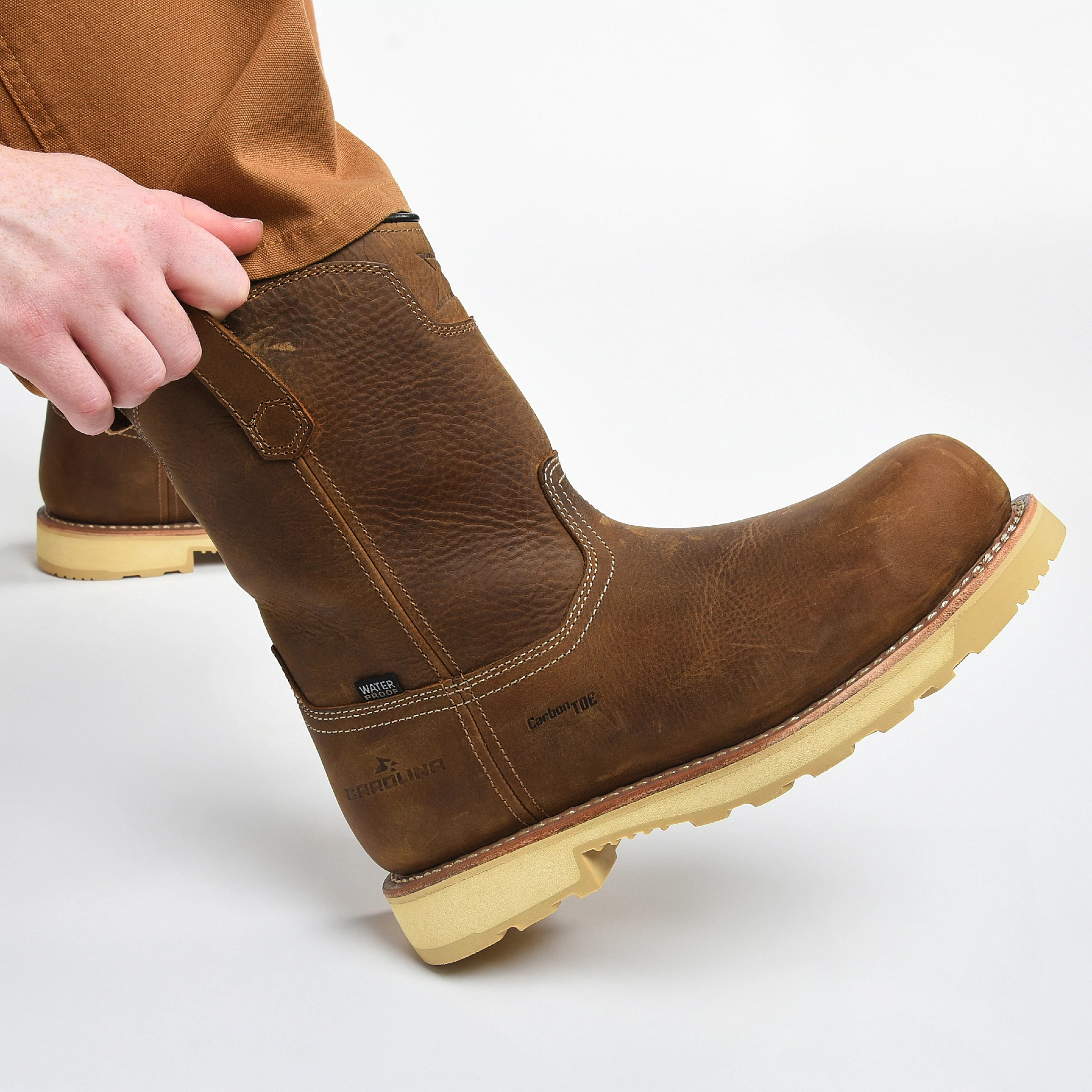 Staple Gun Waterproof Carbon Comp Toe Ranch Wellington shown on model 