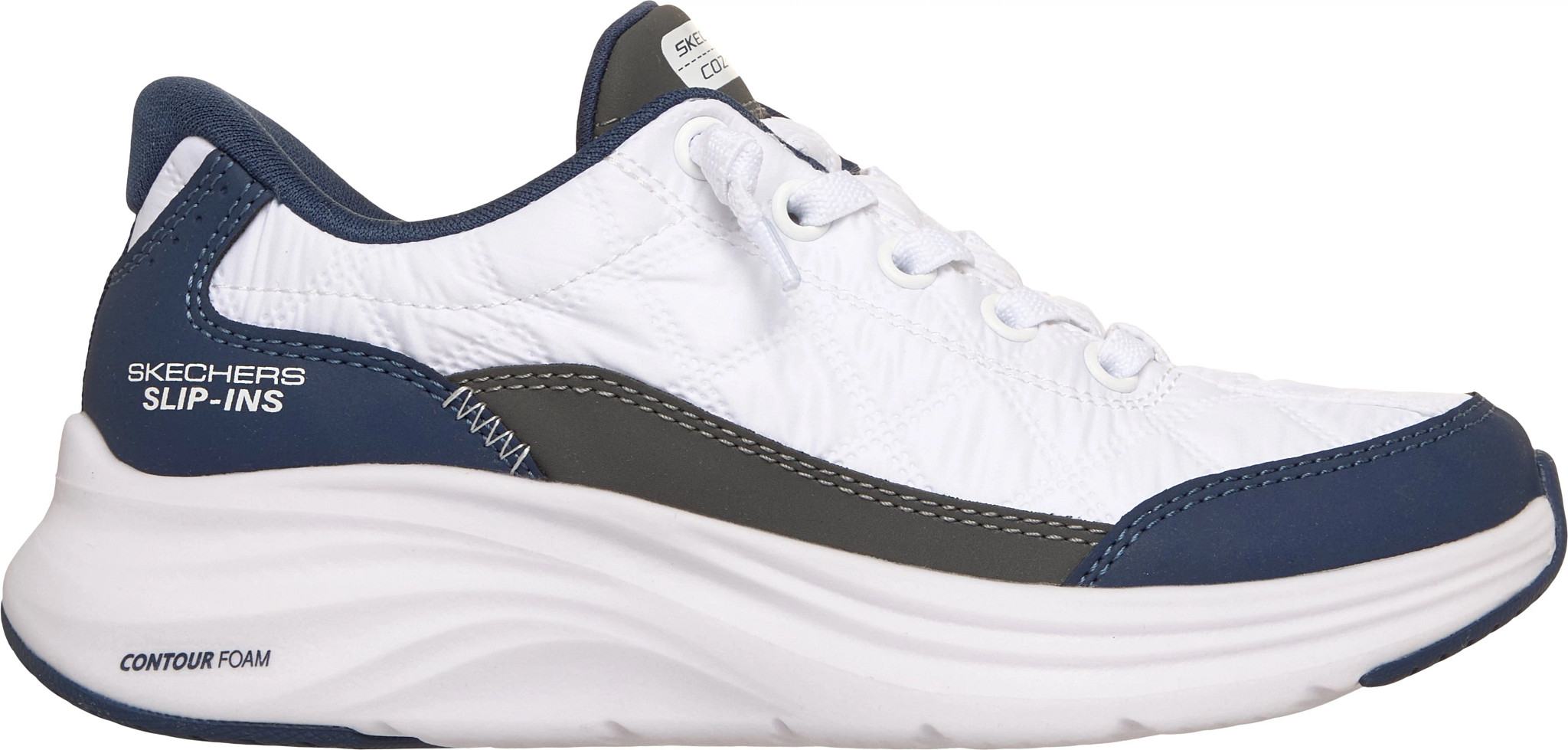 Boy's Skechers Slip-Ins Contour Foam Cozy Fit shown in White/Navy/Charcoal (White)