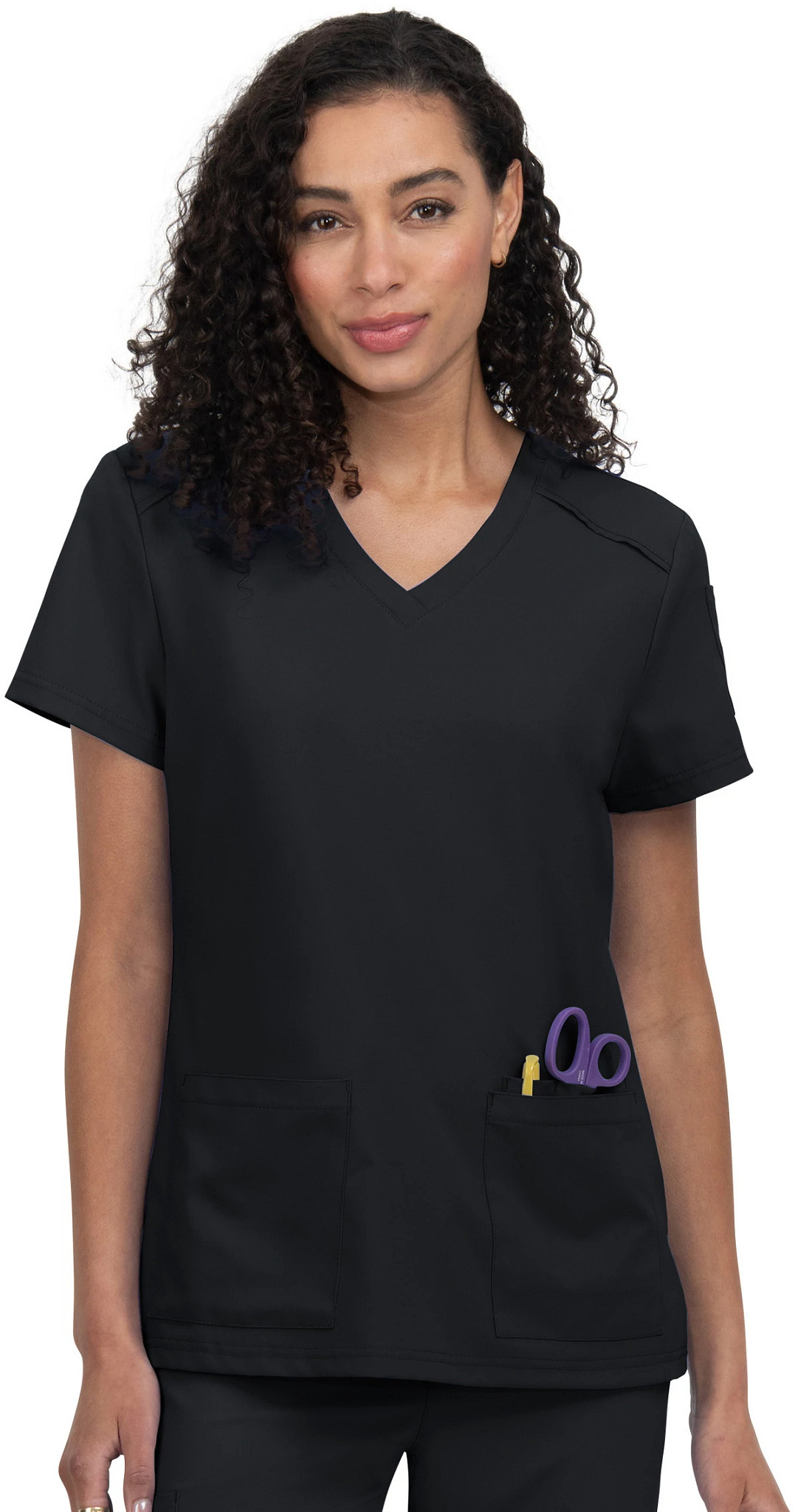 Women's Koi Cureology Cardi V Neck shown in Black (Black)