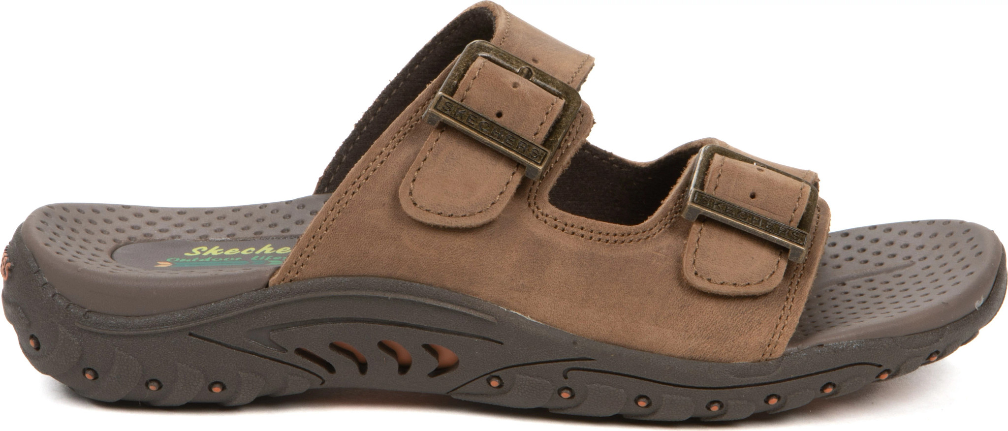 Women's Skechers Reggae Jammin' 2 Buckle Slide shown in Brown (Brown)