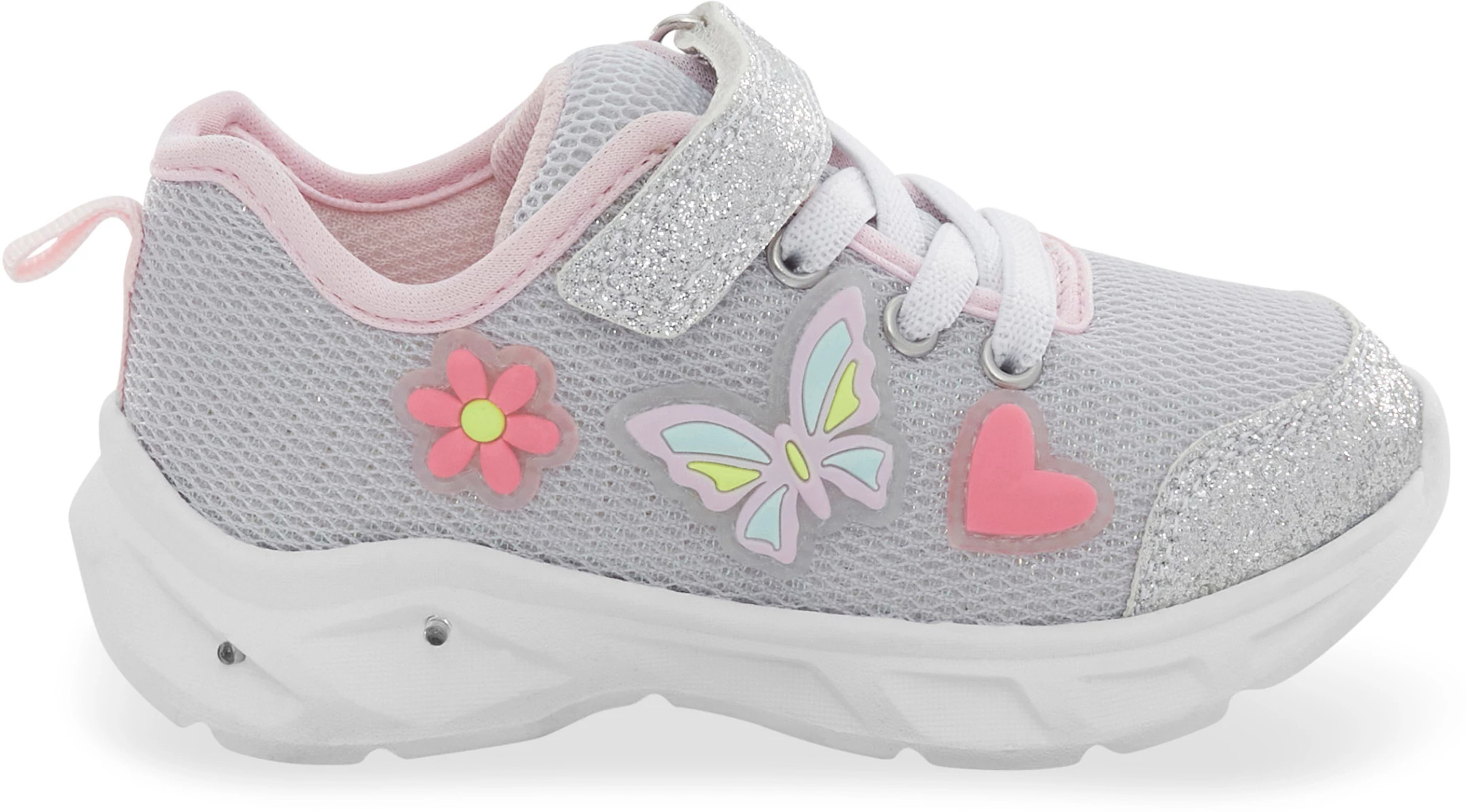 Toddler Girl's Carters Butterfly Velcro Runner shown in Silver/Pink (Grey)