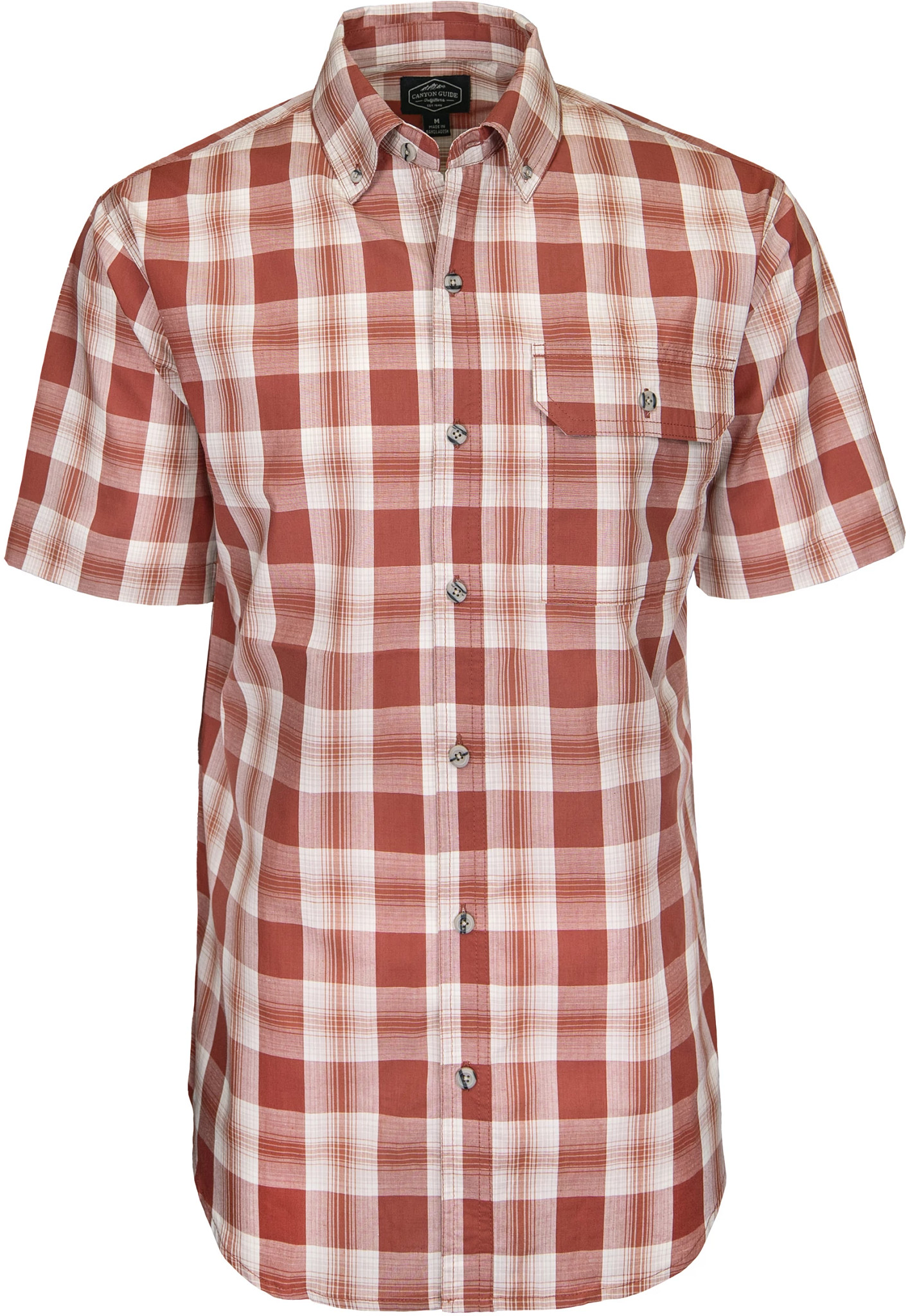 Men's Canyon Guide Dominic Button Up Plaid Short Sleeve Shirt shown in Brick Plaid (Red)
