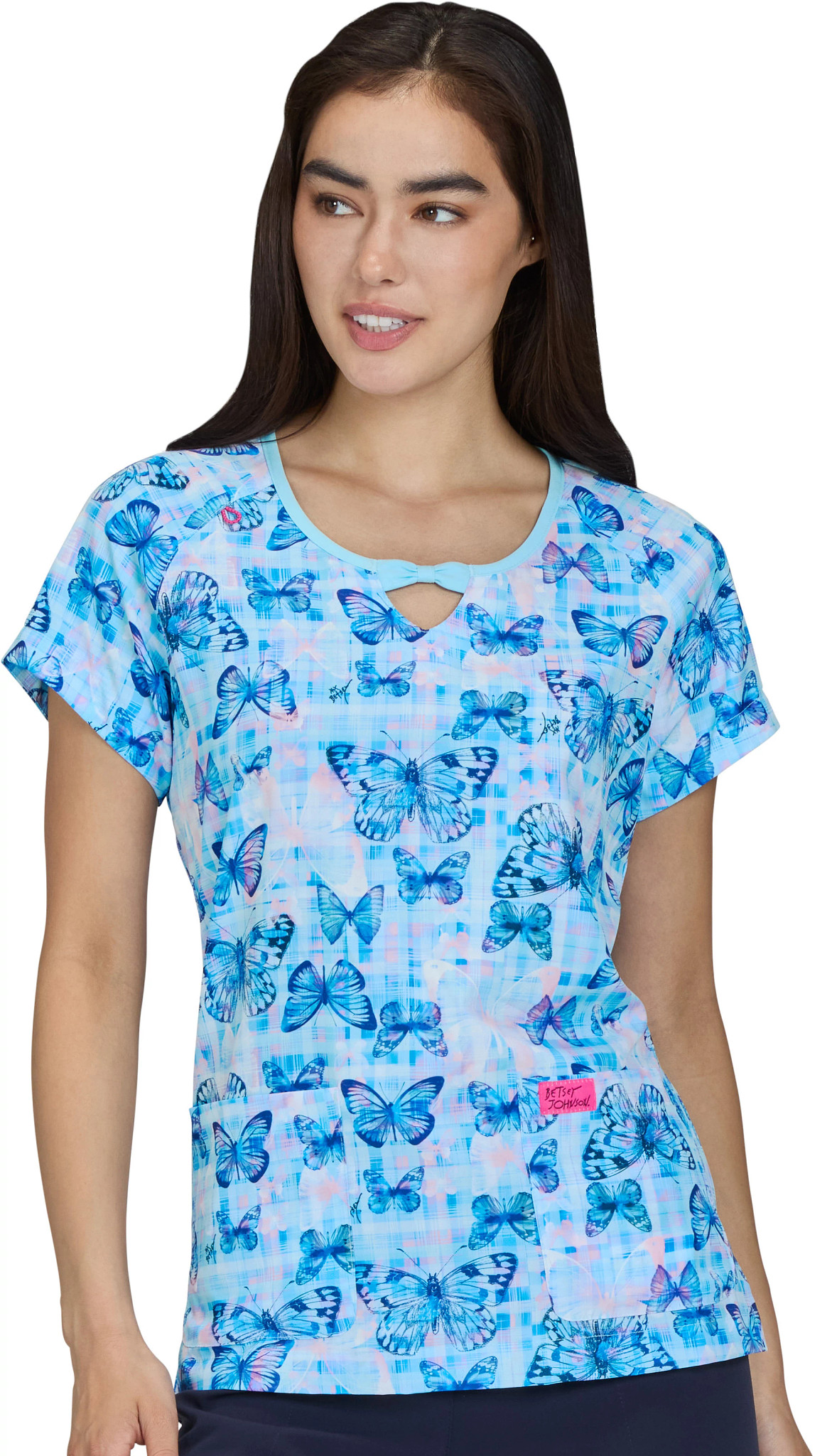 Women's Koi Betsey Johnson Sunflower Butterfly Bliss V Neck shown in Blue (Prints)
