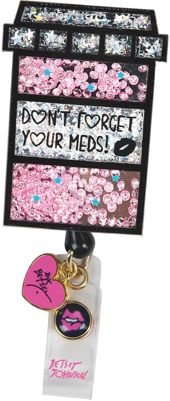 Unisex Koi Betsey Johnson Pill Box Badge Reel shown in Black (Pink)