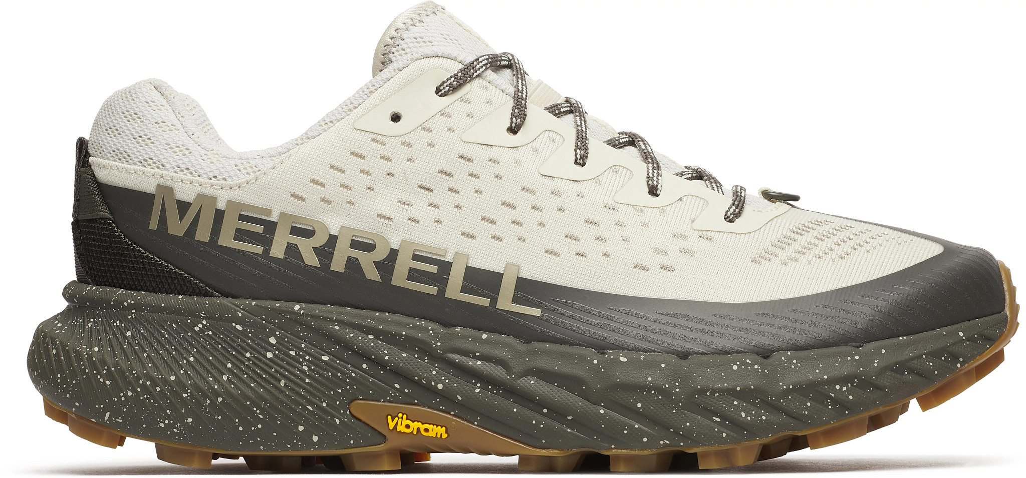 Men's Merrell Agility Peak 5 Trail Runner shown in Stucco Beluga (Off White)