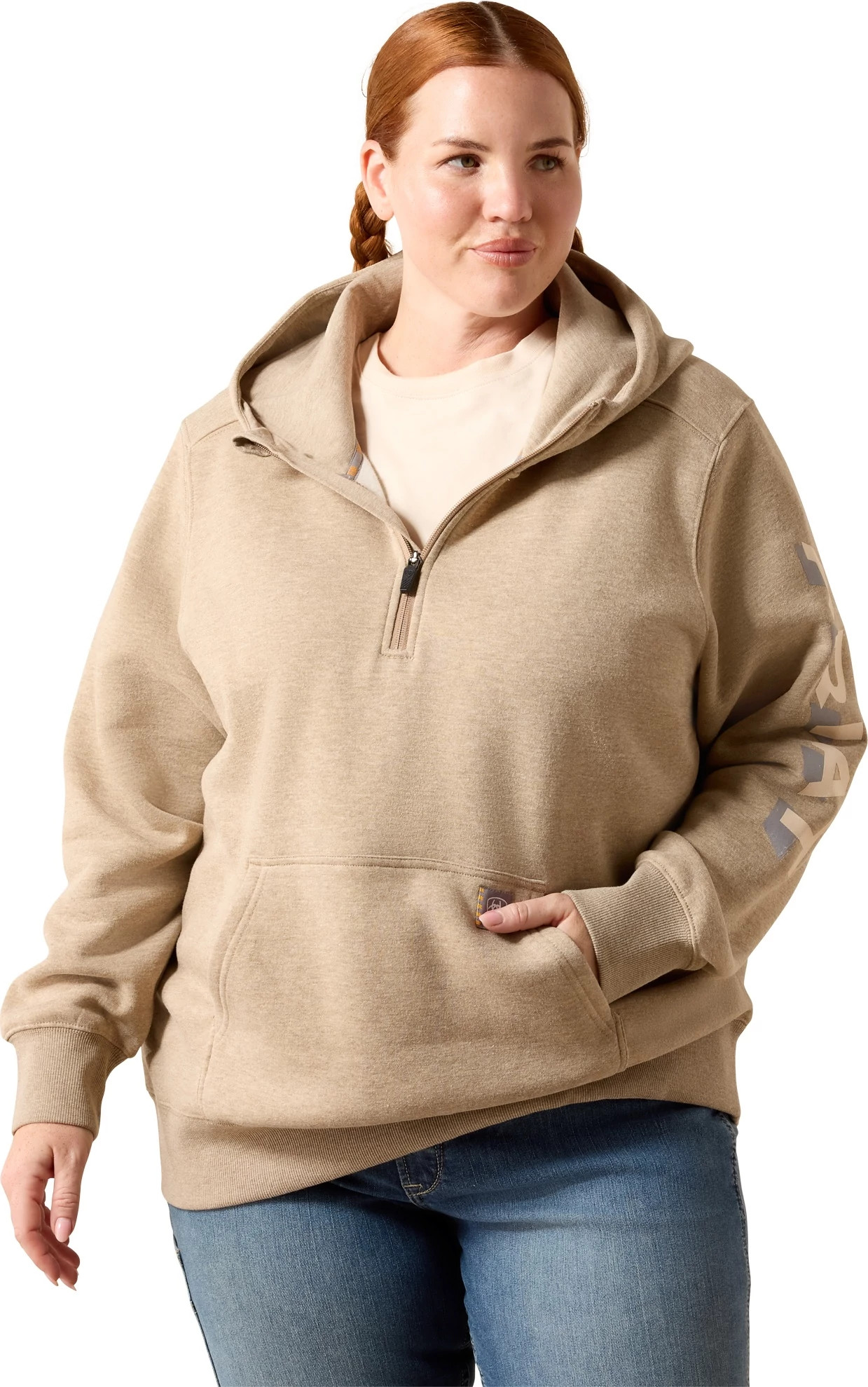 Women's Ariat Lightweight Logo Half Zip Hoodie shown in Oatmeal Heather/Whisper (Brown)