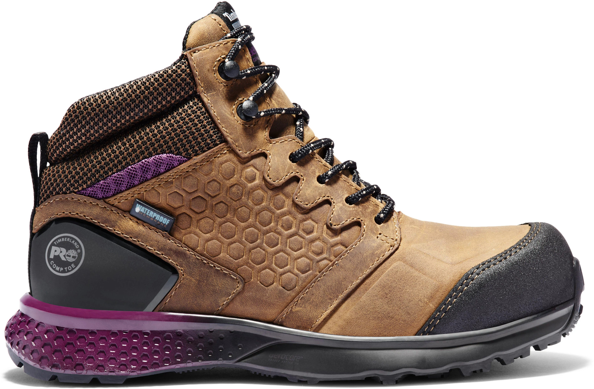 Women's Timberland Pro Composite Toe Eh Sr+ Wp Reaxion Hiker shown in Brown/Purple (Brown)