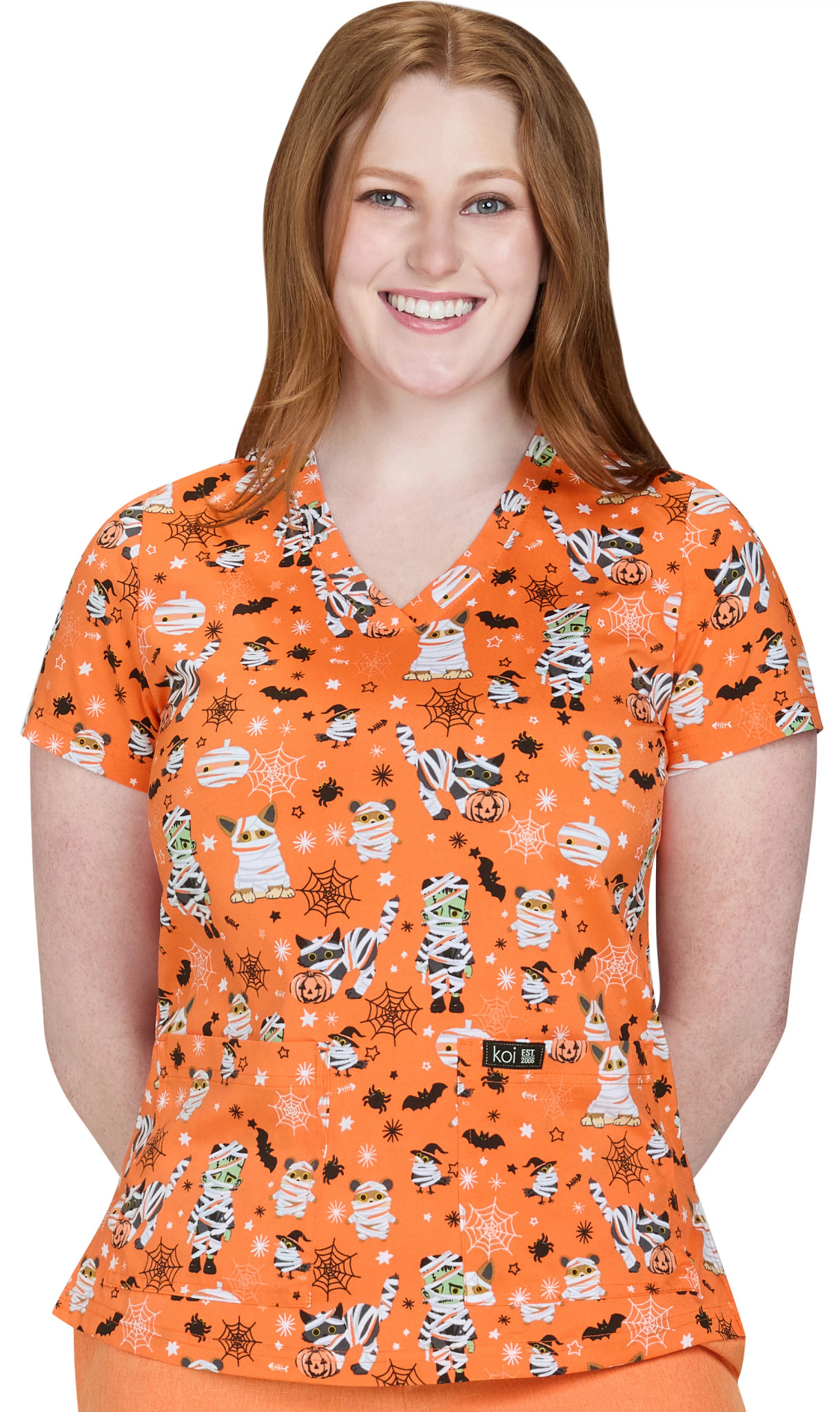 Women's Koi Basics Leslie Twilight Camellia V Neck shown in Orange (Prints)