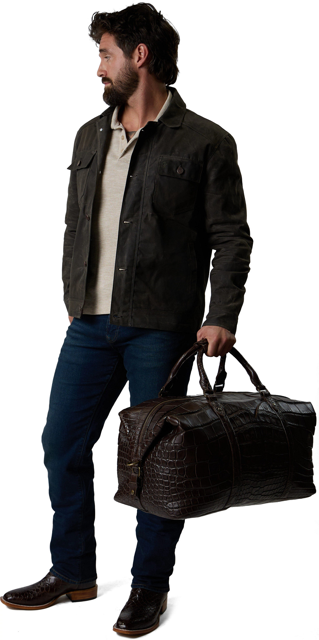 Victory Alligator Large Duffle shown on model 