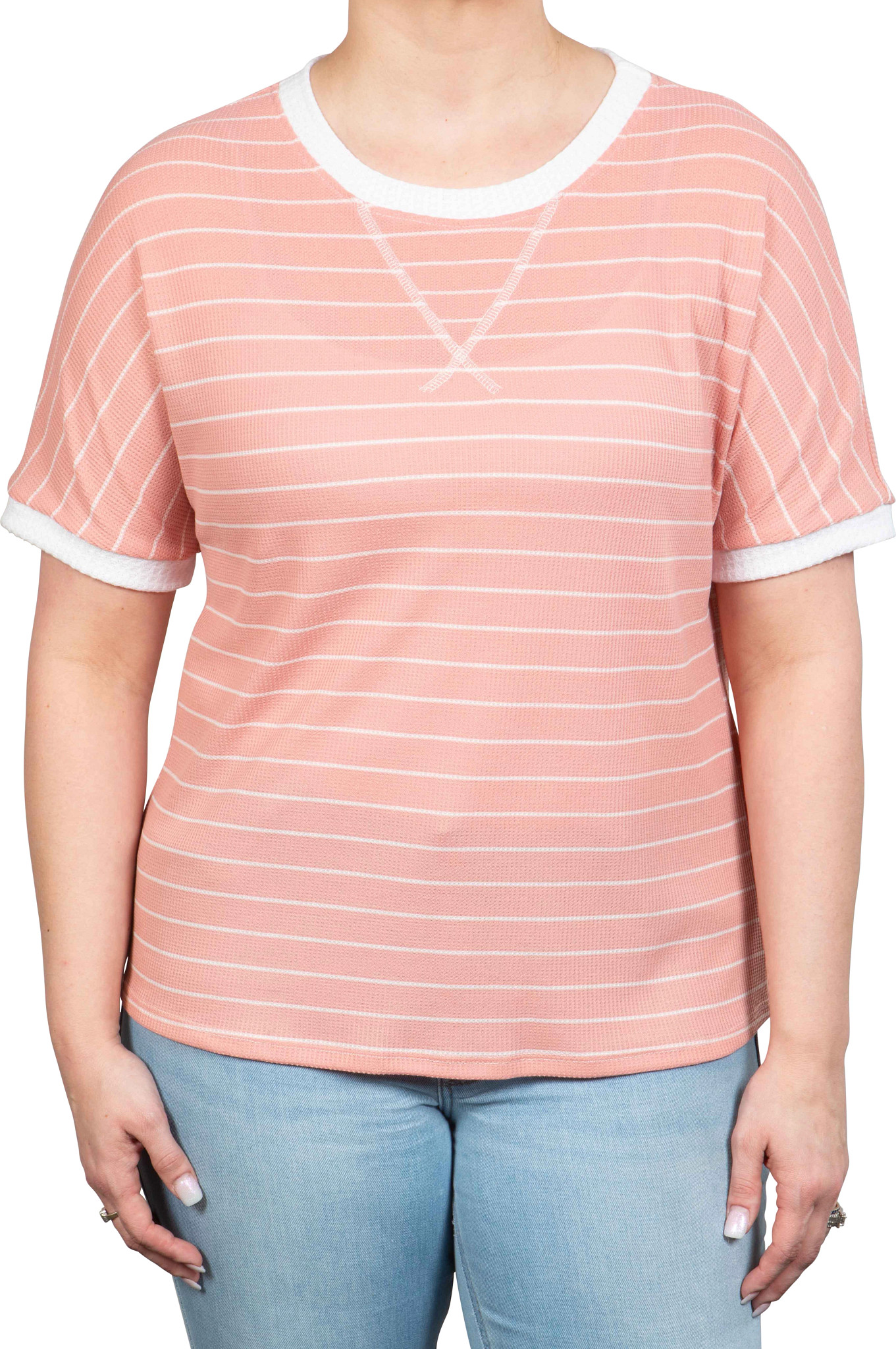 Women's Ps Kate Short Sleeve Striped Crew Neck shown in Coral/White (Orange)