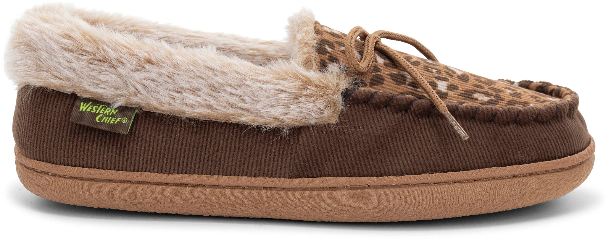 Women's Western Chief Elaine Leopard Faux Fur Lined Moccasin shown in Brown (Brown)
