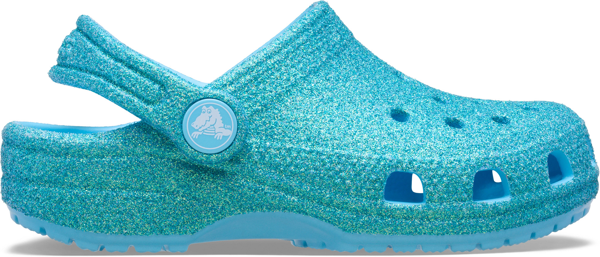 Girl's Crocs Classic Iridescent Glitter Clog shown in Tinted Glass (Blue)