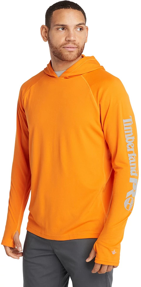 Men's Timberland Pro Long Sleeve Wicking Good Hoodie shown in Bright Orange (Orange)