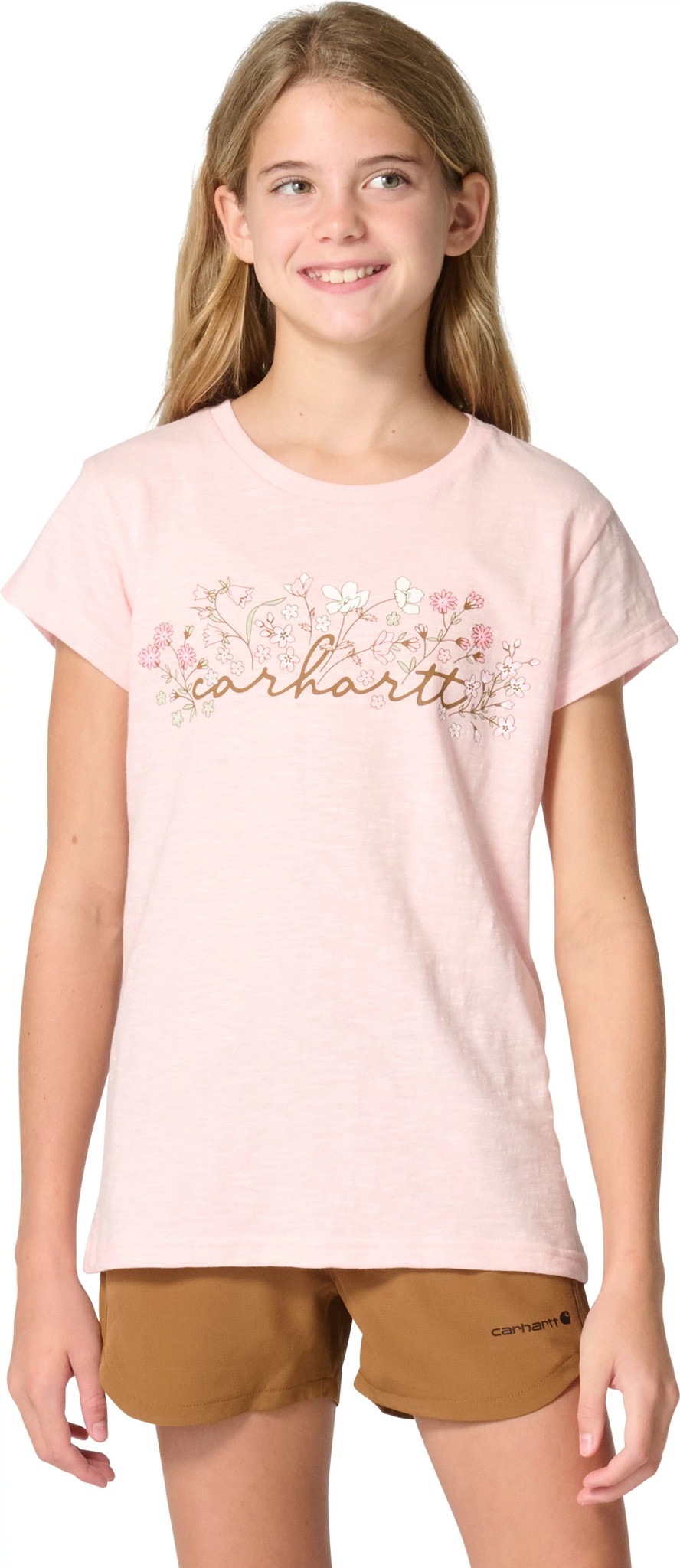 Youth Girl's Carhartt Short Sleeve Flower Script T-Shirt shown in Rose Quartz (Pink)