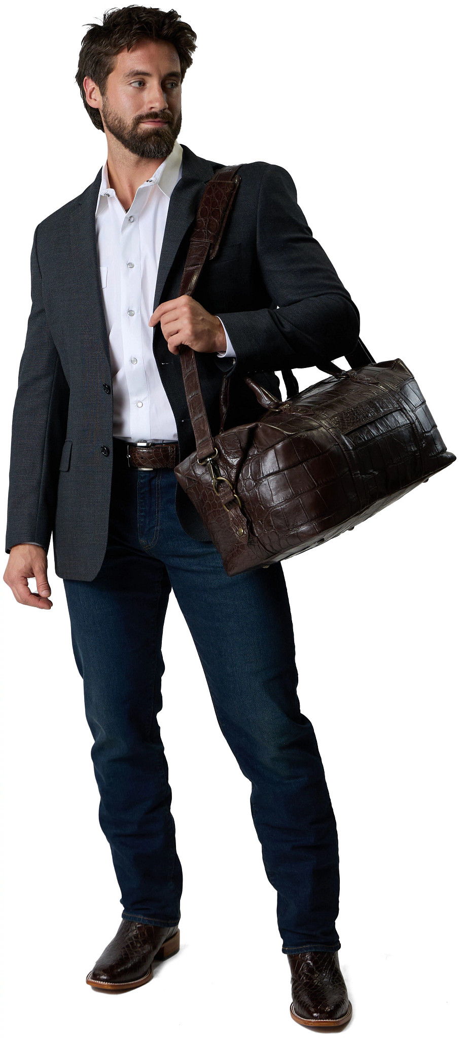 Victory Alligator Small Duffle shown on model 