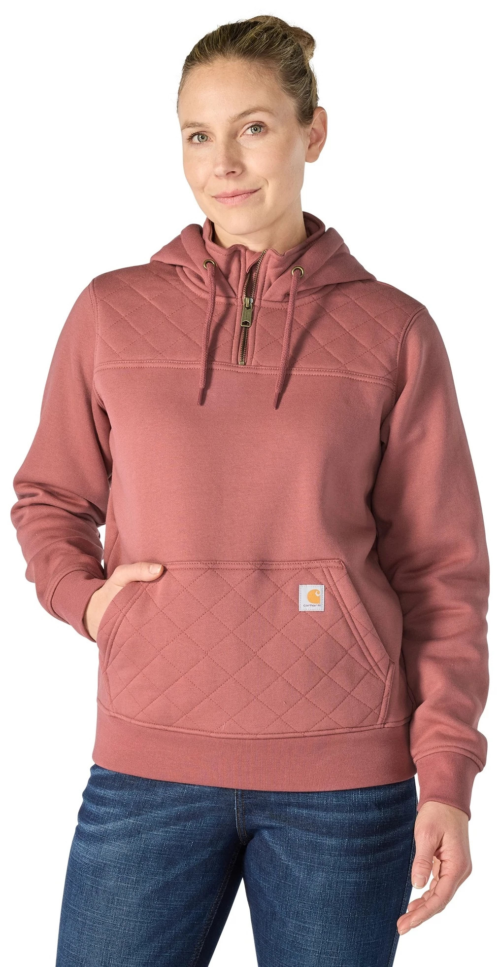Women's Carhartt Paxton Quilted Quarter Zip Hoodie shown in Dark Rose Tint (Pink)