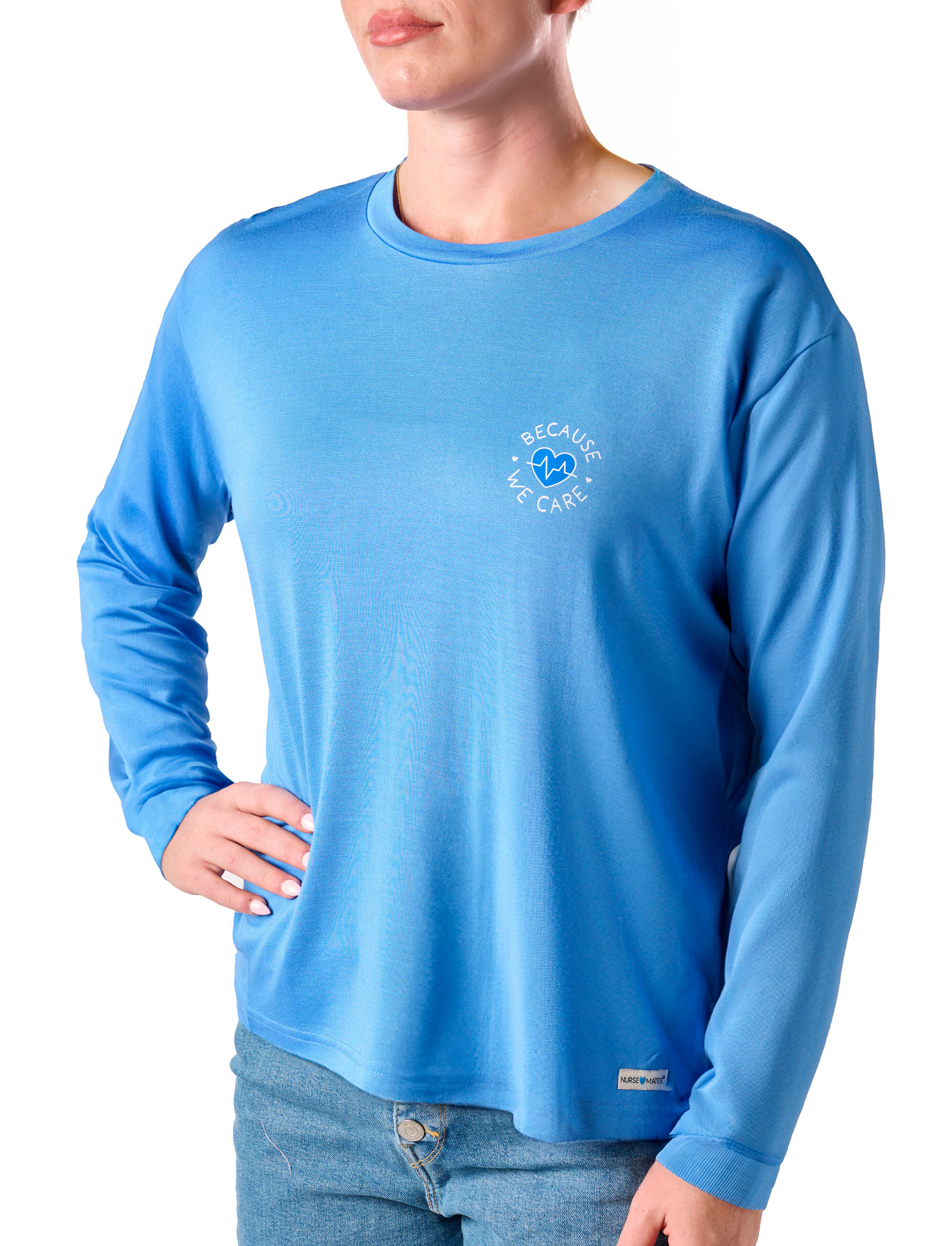Women's Long Sleeve Modal Tee shown in Because We Care (Blue)