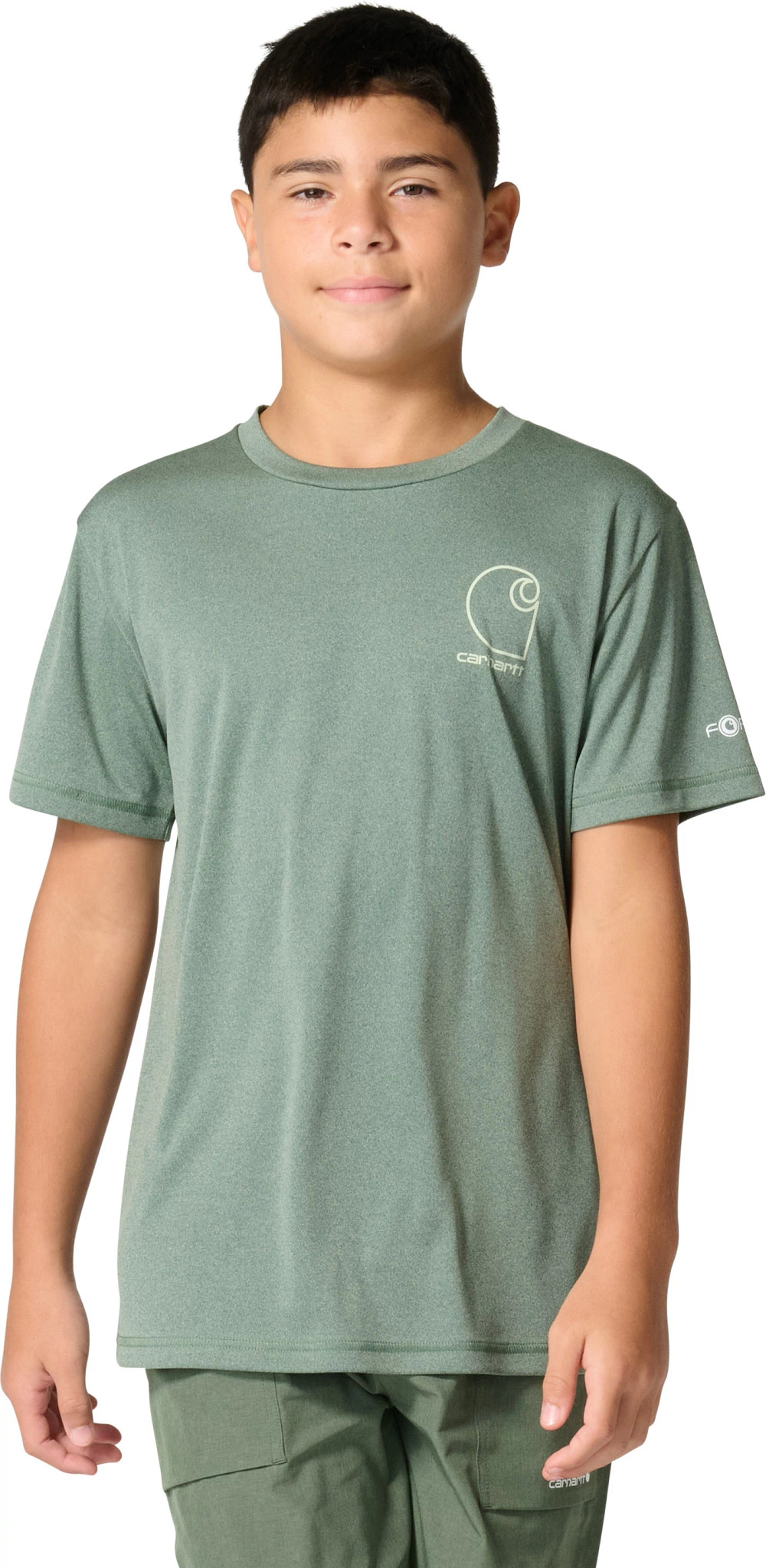 Youth Boy's Carhartt Short Sleeve Force Sun Defender shown in Heather Laurel Wreath (Green)