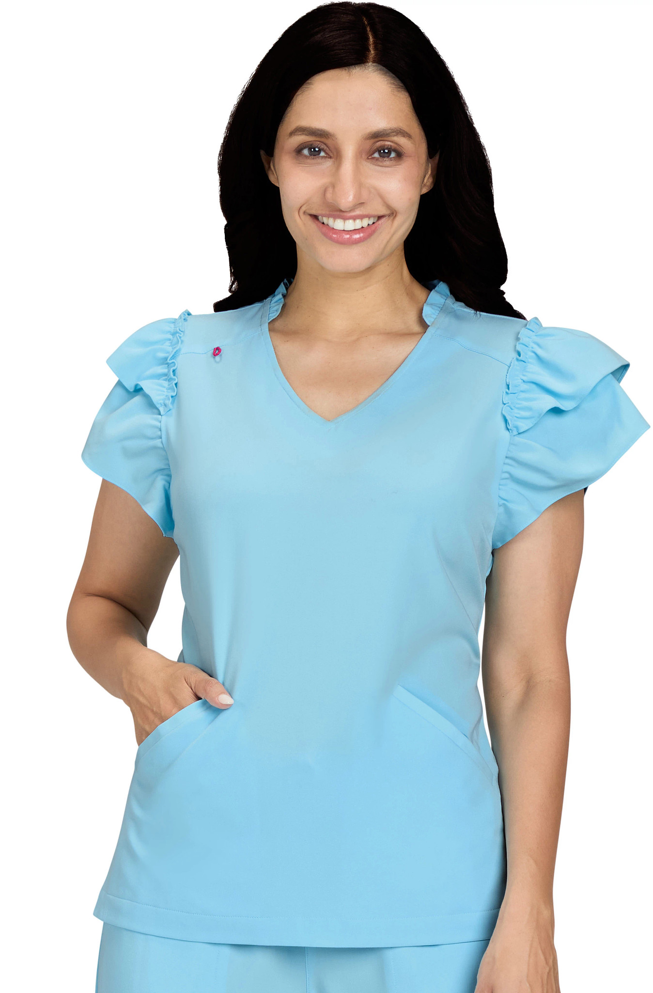 Women's Koi Betsey Johnson Clary Ruffled V Neck shown in Sky (Blue)