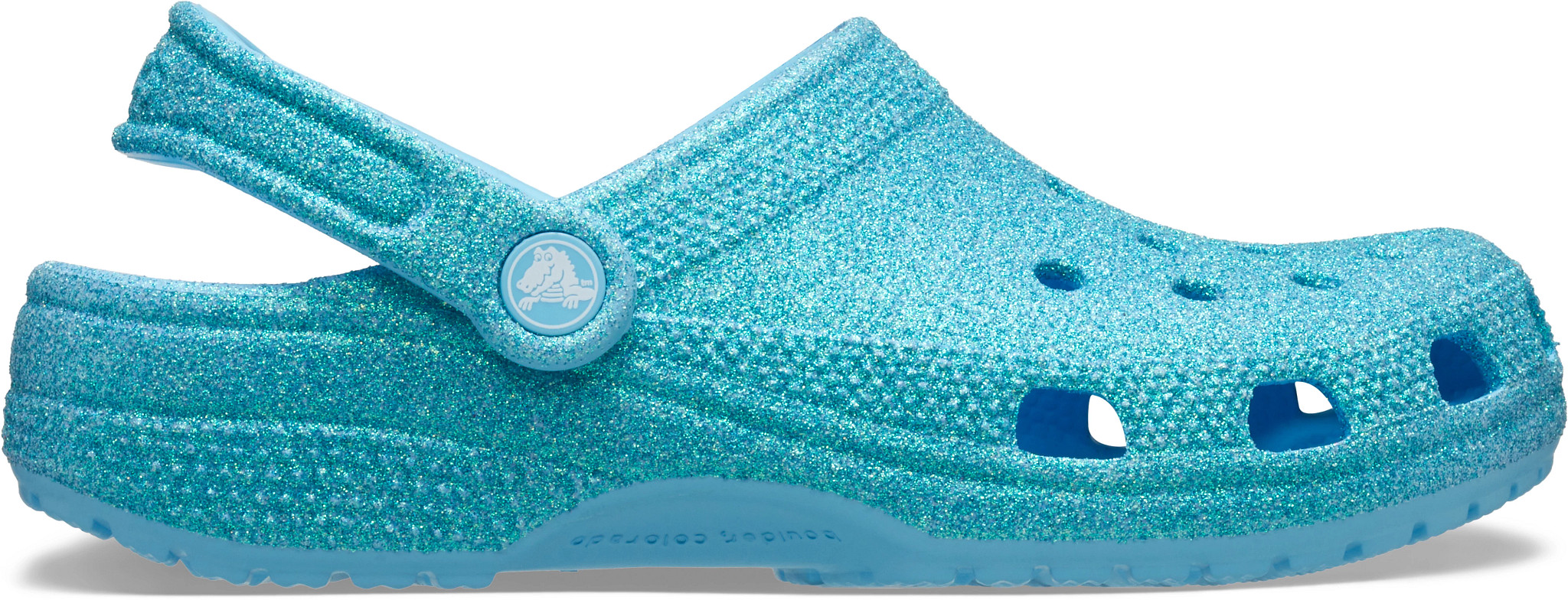 Women's Crocs Classic Iridescent Glitter Clog shown in Tinted Glass (Blue)