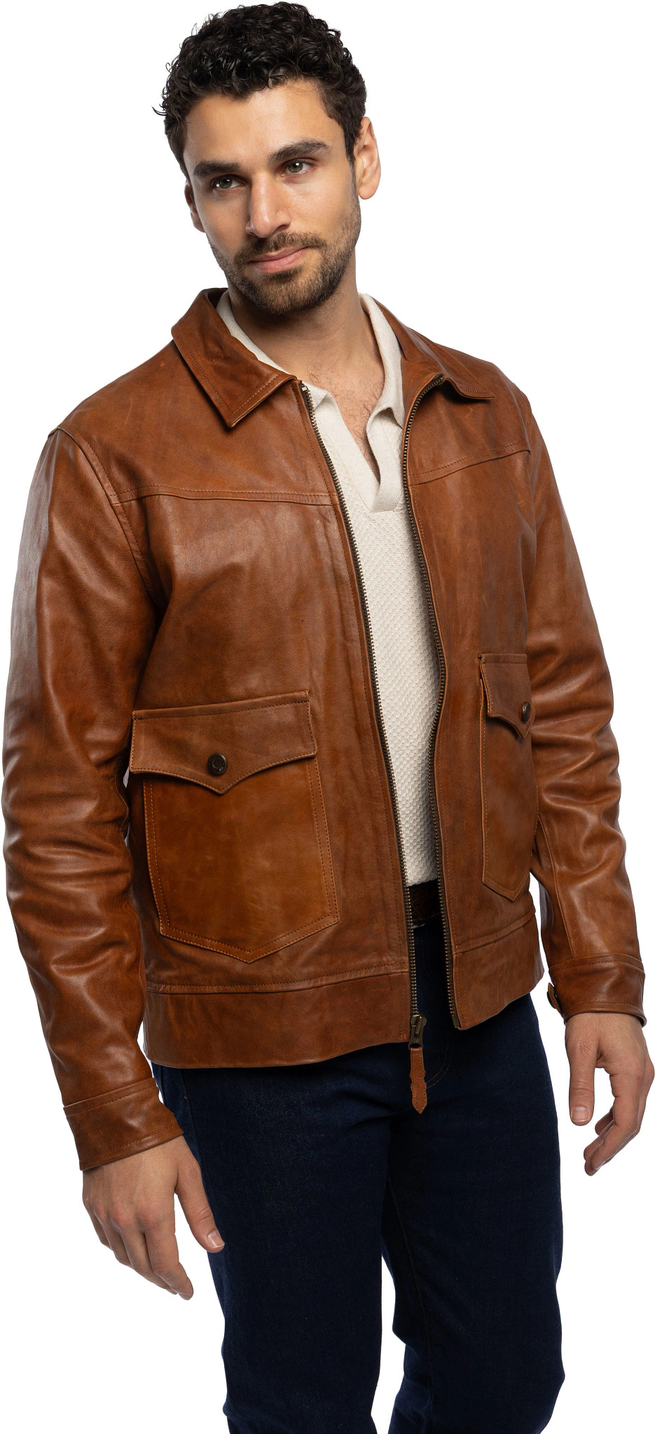 Leather Aviator Jacket shown in Cognac (Brown)