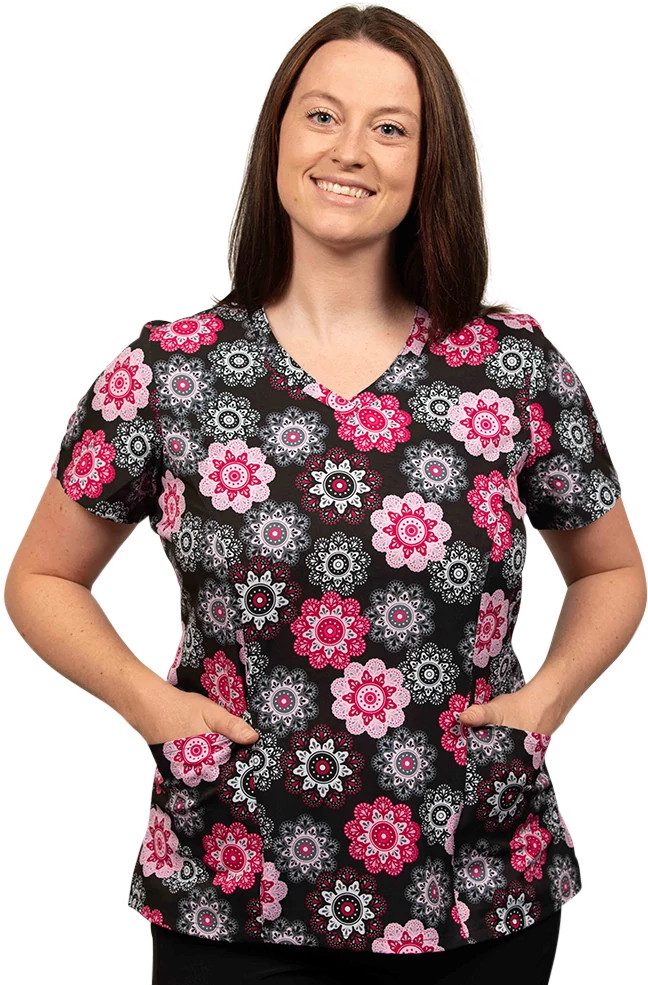 Women's Willow Brook Spiral Elements V Neck shown in Black/Multi (Prints)