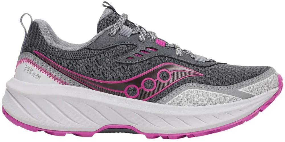 Women's Saucony Excursion Tr18 Trail Runner shown in Carbon/Mulberry (Grey)