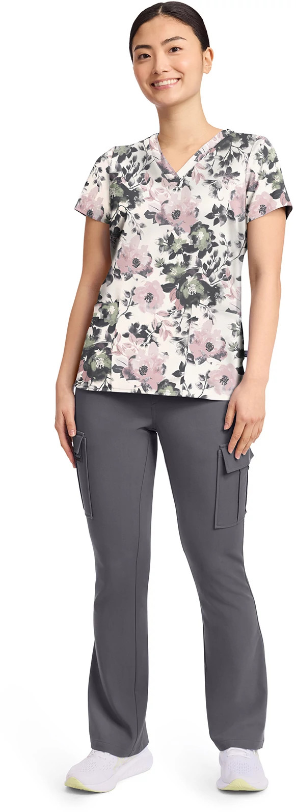 Women's Healing Hands Peaceful Posies V Neck shown on model 