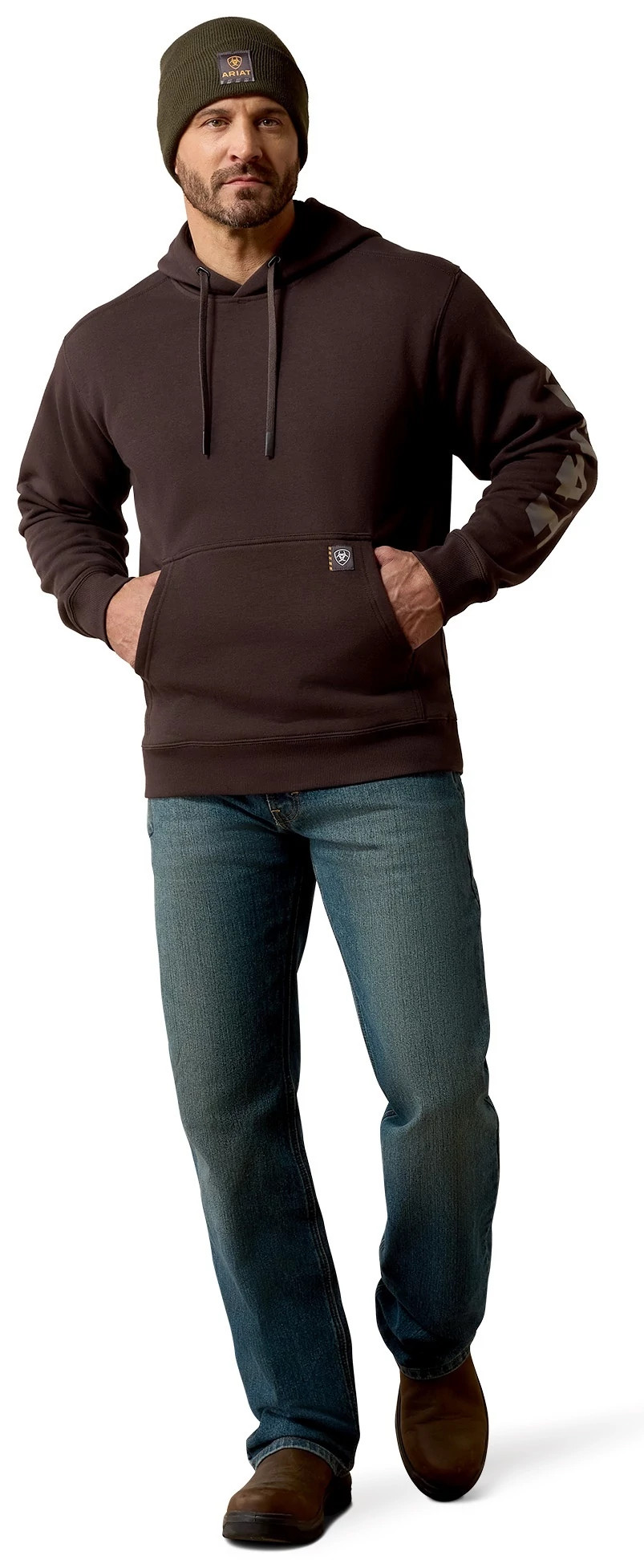 Men's Ariat Lightweight Logo Hoodie shown in Licorice/Canteen (Brown)