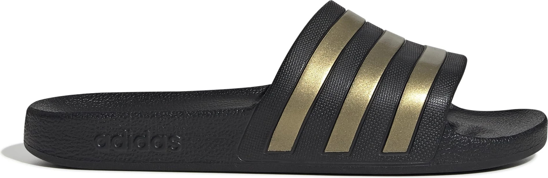 Men's Adidas Adilette Aqua Slide shown in Black Gold (Black)
