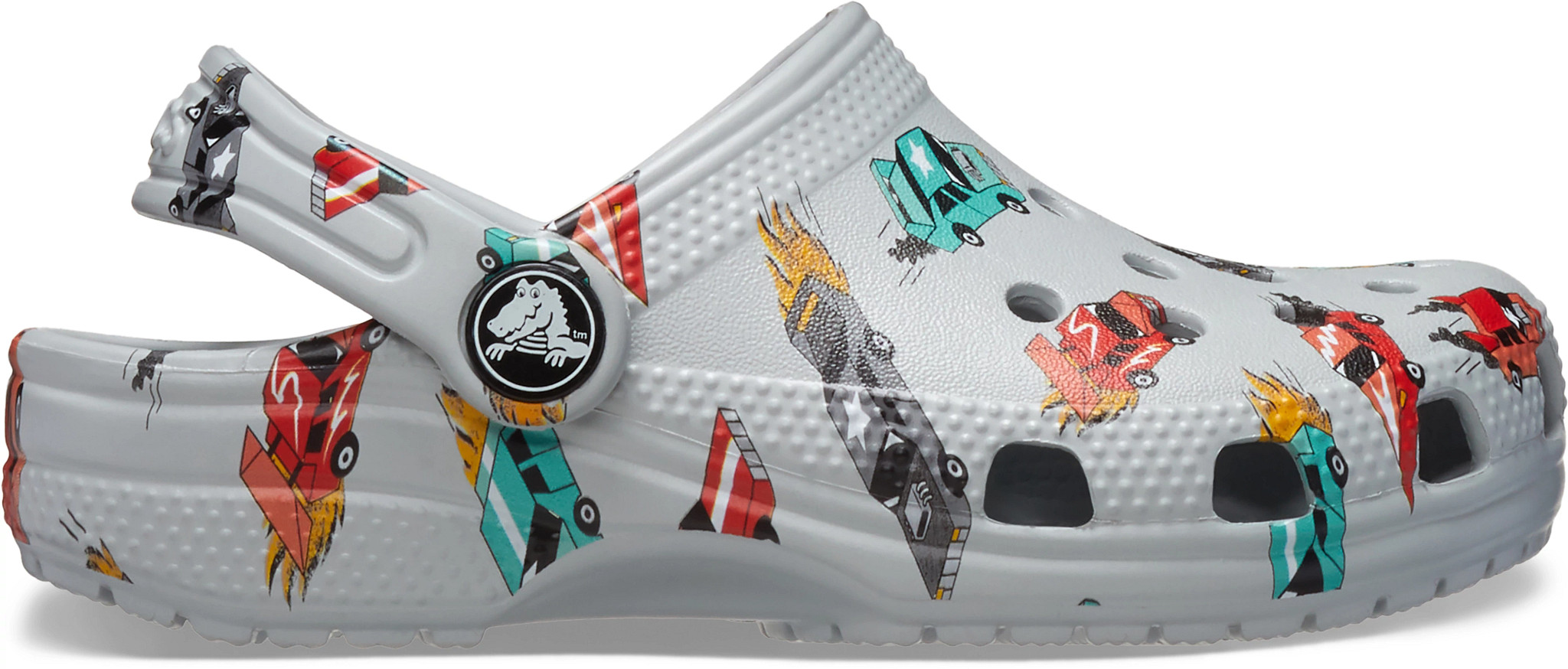 Toddler Boy's Crocs Classic Race Cars Graphic Clog shown in Mirage/Multi (Multicolor)