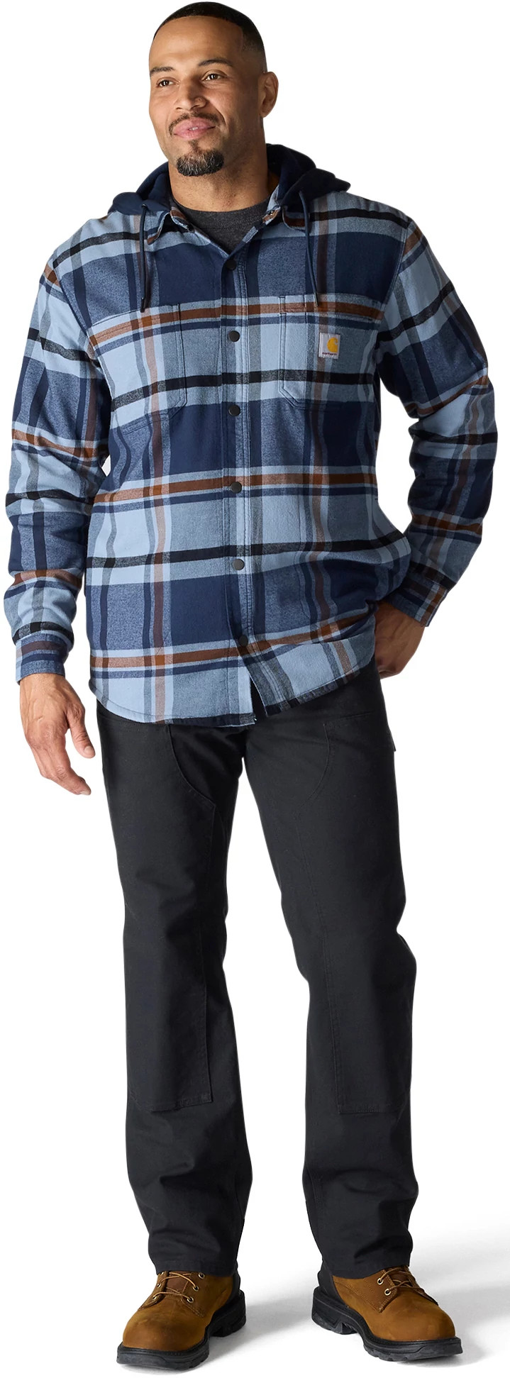 Men's Carhartt Rugged Flex Flannel Fleece Lined Hooded Shirt Jac shown on model 