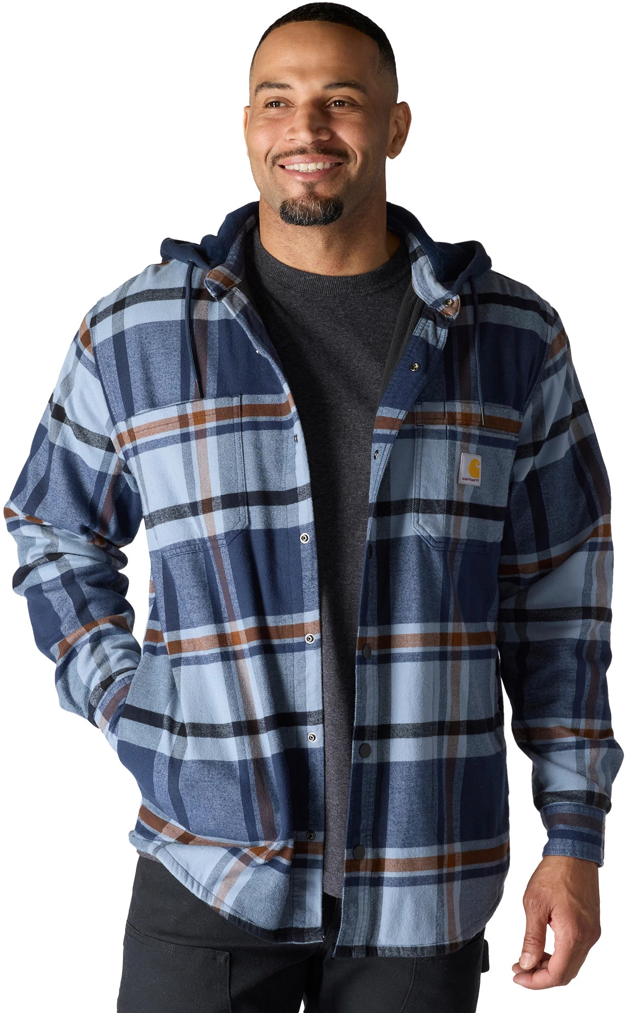 Men's Carhartt Rugged Flex Flannel Fleece Lined Hooded Shirt Jac shown in Navy (Blue)