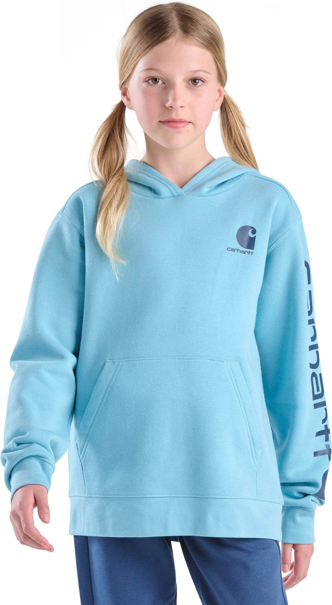 Youth Girl's Carhartt Long Sleeve Logo Hoodie shown in Stillwater (Blue)